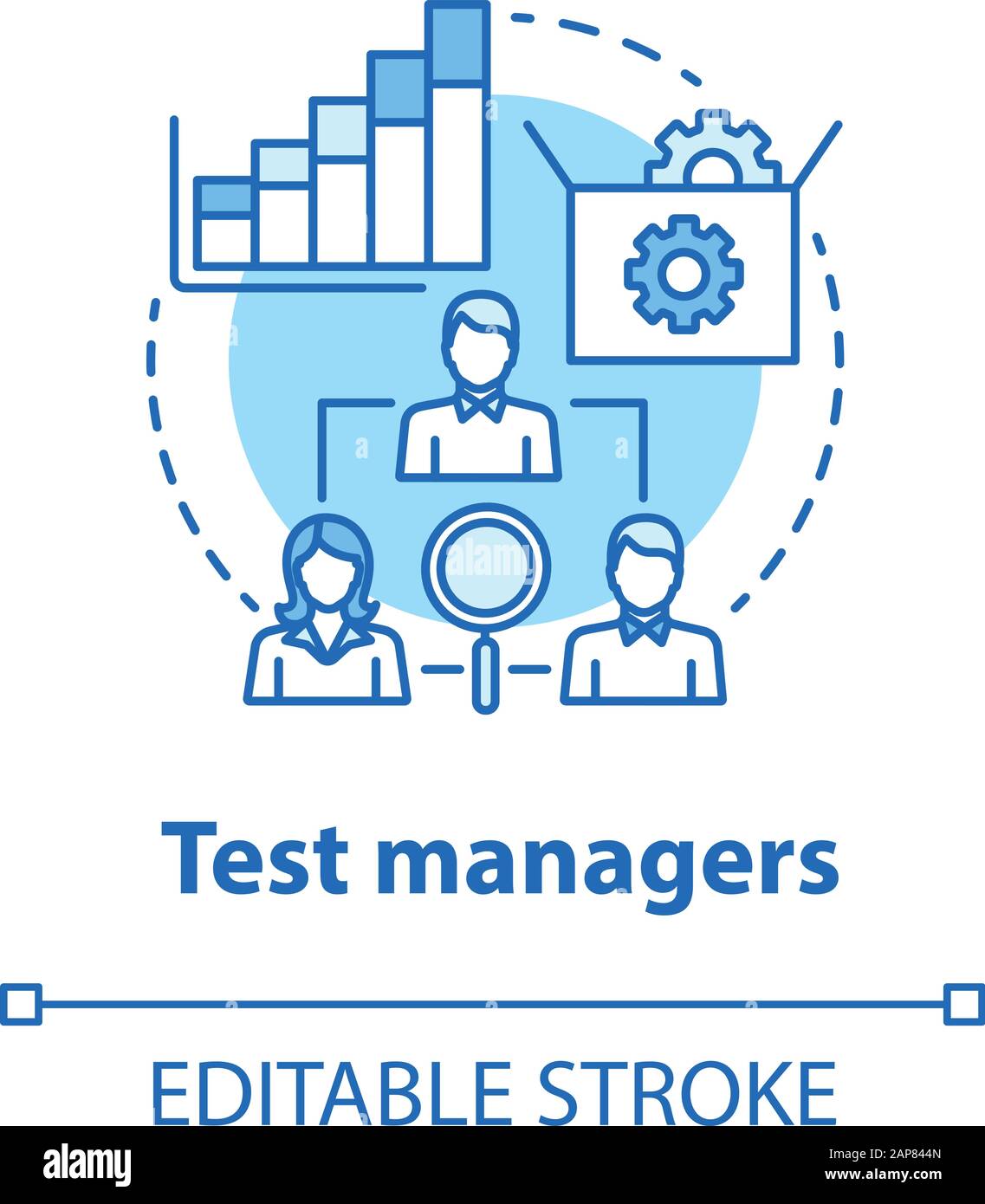 Testmanager - türkis-Konzeptsymbol. Thin Line Illustration der Idee zur Softwareentwicklung. App-Programmierung. Systemfunktionalität. IT-Projektmanagement. Stock Vektor