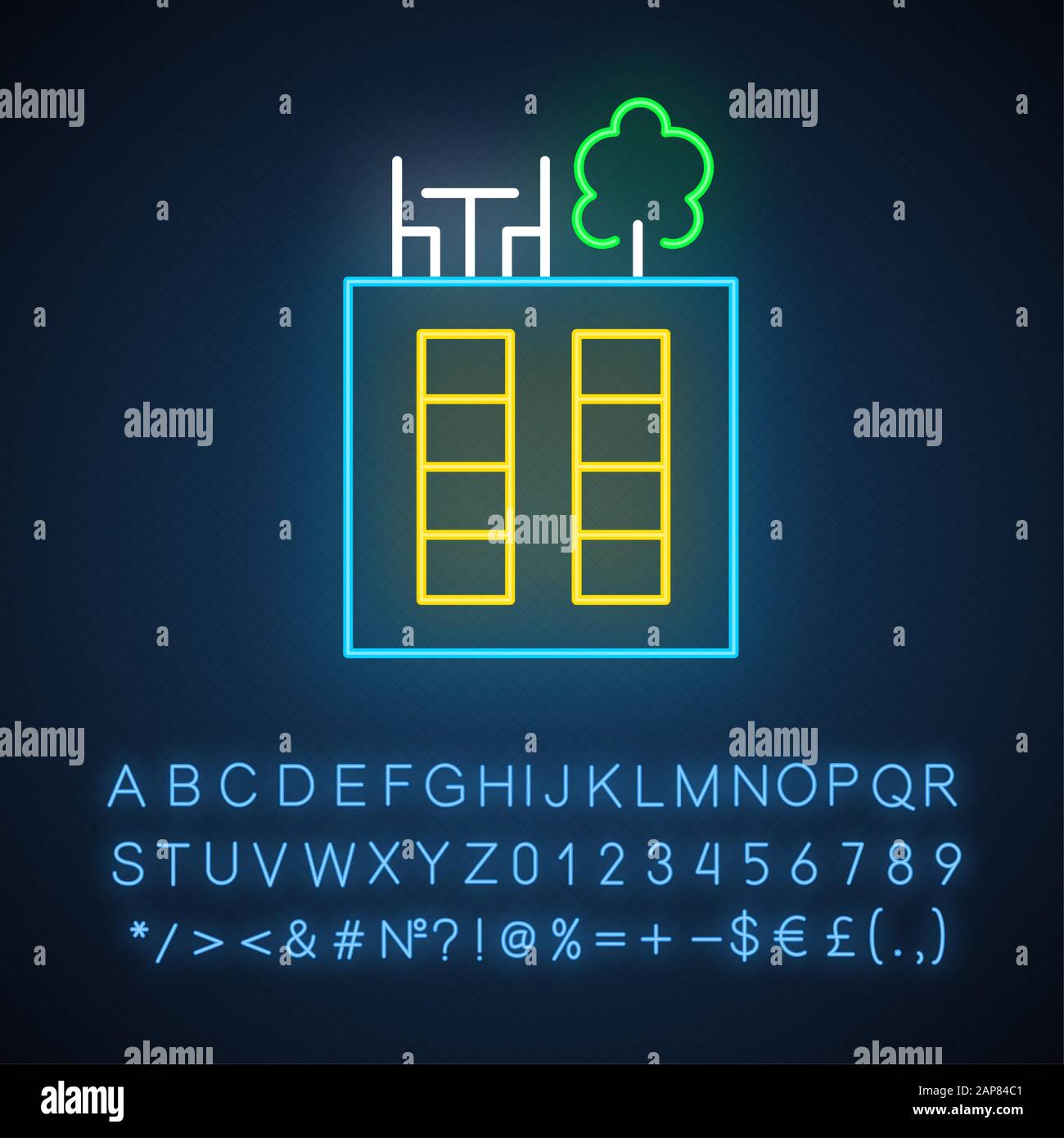 Symbol für Neon-Beleuchtung auf der Dachterrasse. Panoramaterasse. Luxuriöser Penthouse-Balkon. Gartenanlage auf dem Dach. Sky Park Lounge-Zone. Leuchtendes Zeichen mit Alphabet, Stock Vektor