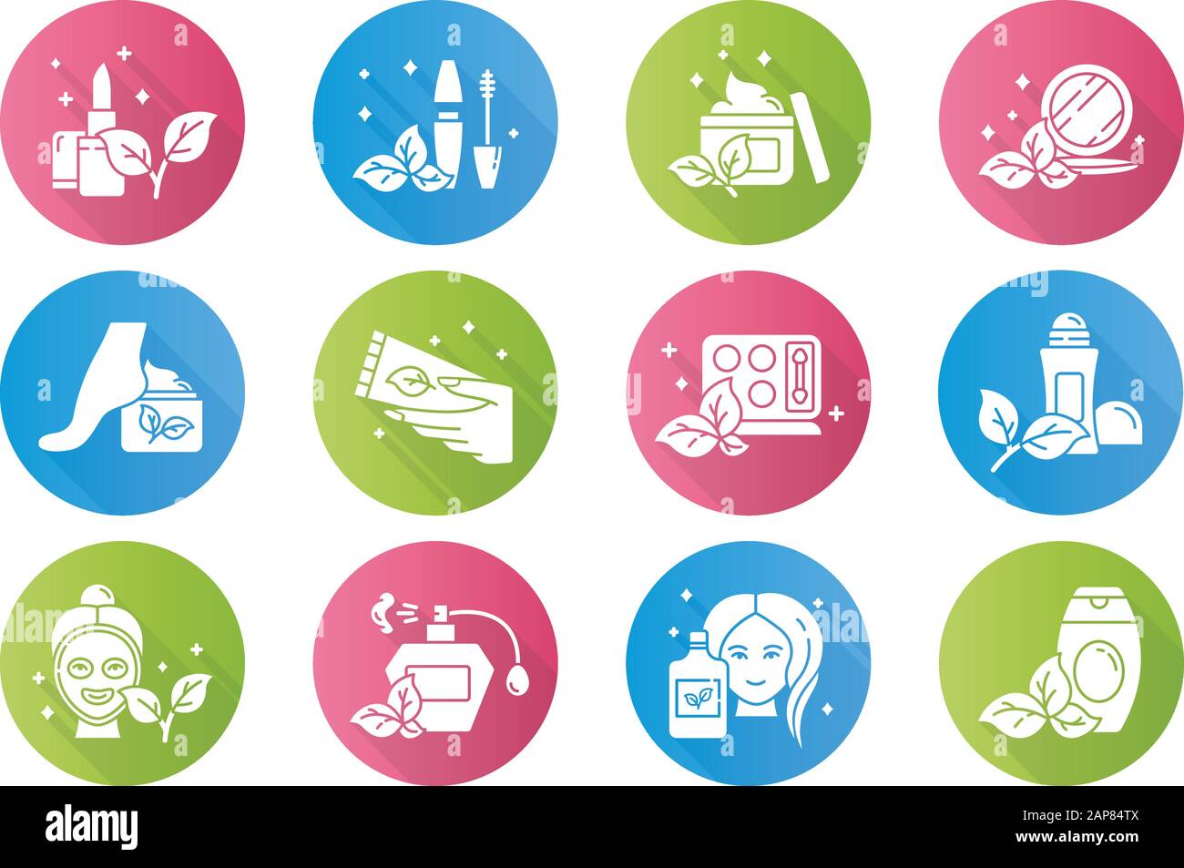 Organische Kosmetik flaches Design lange Schatten Glyphe Ikonen Set. Lippenstift. Mascara. Creme. Parfüm. Ökoprodukte. Haarpflege, Makeup Items. Visage Schönheitshilfe. Stock Vektor