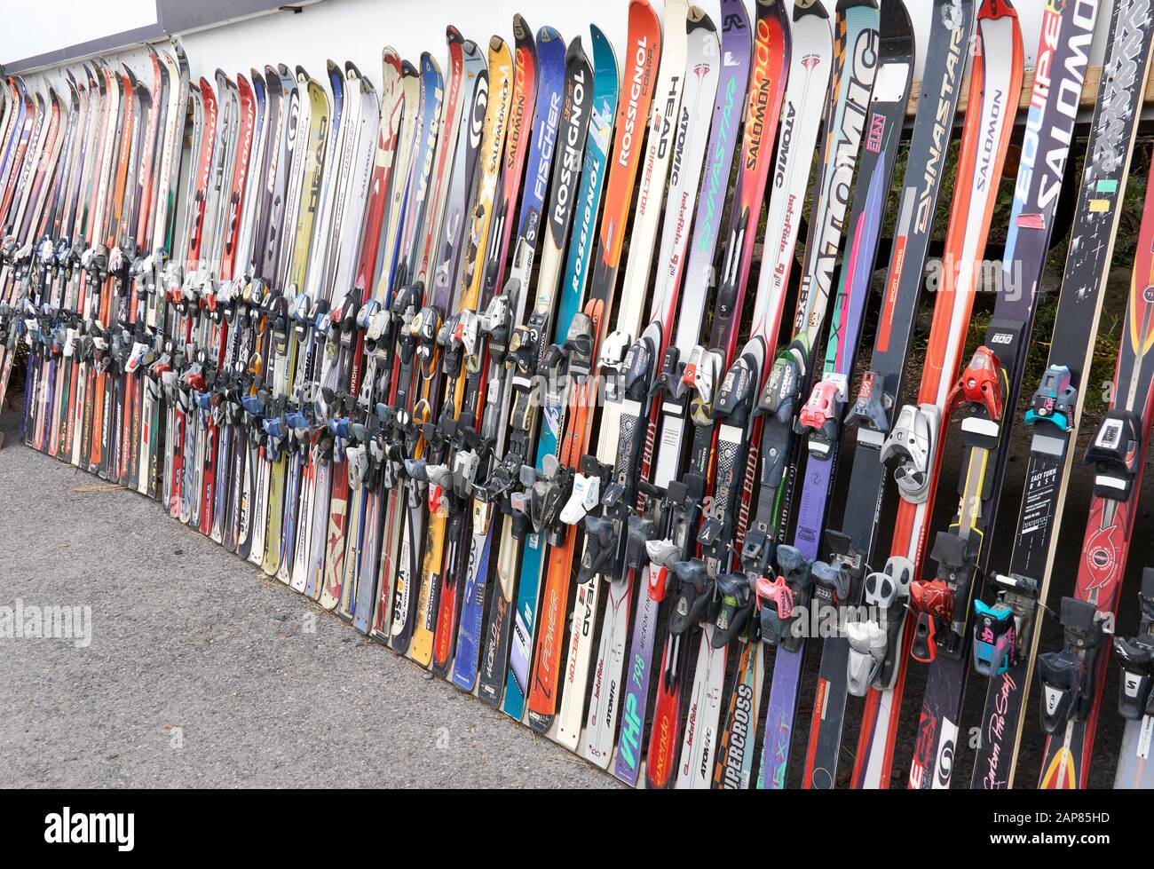 Montreal, Kanada - 23. Dezember 2019: Alpine Abfahrtsskis verschiedener Marken wie Atomic, Rossignoli, Fischer usw. stehen gegen eine Wand in einem SK Stockfoto
