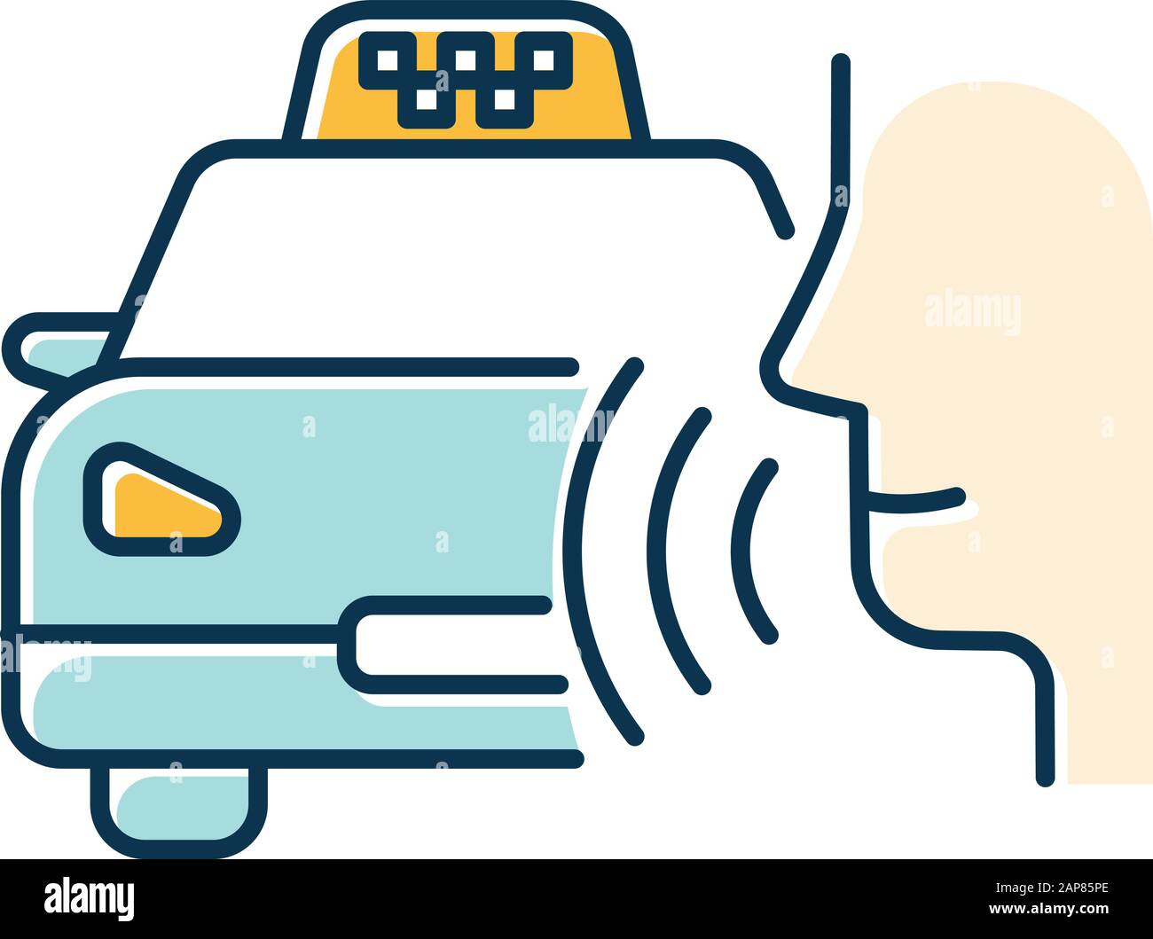 Blaues Symbol für die Farbe des Taxi-Anrufs. Sprachbefehlsidee für die Transportsuche. Tonsteuerung, Audio-Reihenfolge, Konversation. Intelligenter virtueller Assistent. Autozustellservice Stock Vektor