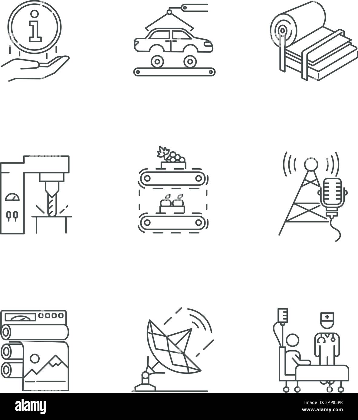 Lineare Symbole für Industrietypen festgelegt. Informationszeichen. Auto, Auto. Stahlindustrie. Obstversorgung. Rundfunkübertragung. Gesundheitswesen. Kontursymbole mit dünnen Linien. Isola Stock Vektor