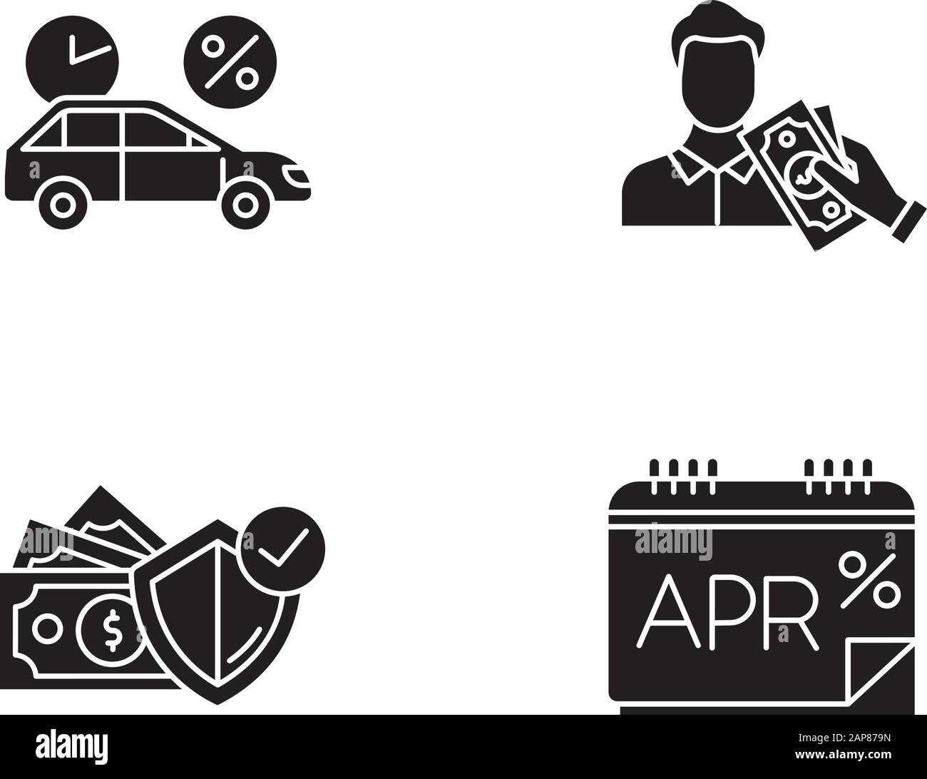Credit Glyph Icons gesetzt. Autokredit mit Zinssatz. Leihen, Geld leihen. Versicherungskosten. Bericht über den prozentualen Jahreszinssatz. APR-Berechnungen. Silhoue Stock Vektor