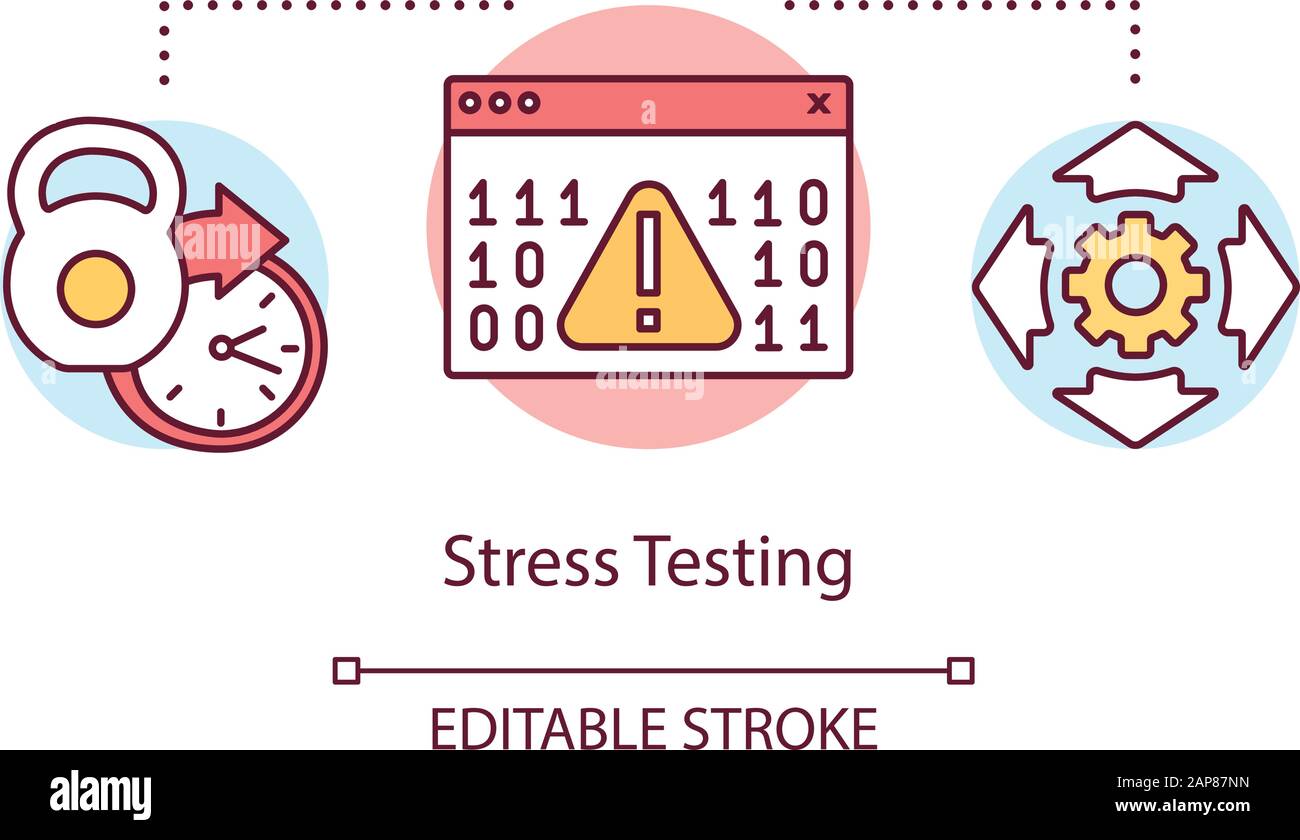 Symbol für das Konzept der Stresstests. Untersuchen Sie die Darstellung der dünnen Linie der Stabilitätsidee. Software-Testprozess. Zeigt Probleme und Probleme an. Vektor isoliert Stock Vektor