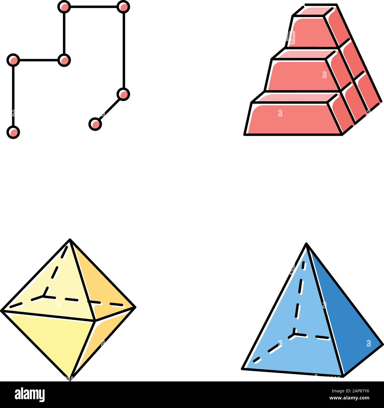 Farbsymbole für geometrische Figuren festgelegt. Verbundene Linien mit Punkten. Bestand an Maßblöcken. Haufen von Backsteinen. Doppelpyramide. Abstrakte Formen. Isometri Stock Vektor