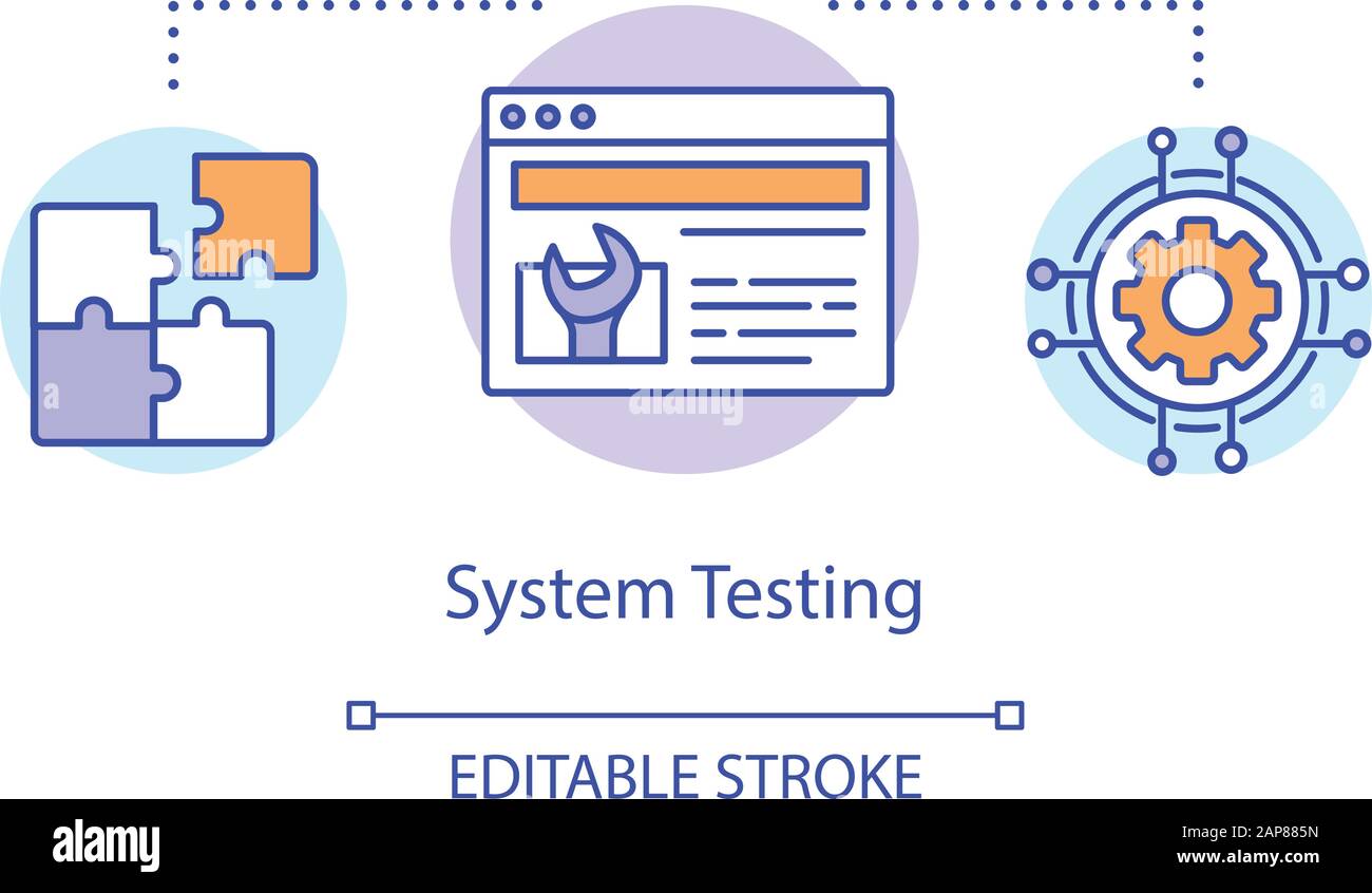 Symbol für Systemtestkonzept. Untersuchen Sie die Abbildung der Ideen-Thin-Line-Komponenten des Computers. Software-Testprozess. Zeigt Probleme und Probleme an. Vektor Stock Vektor