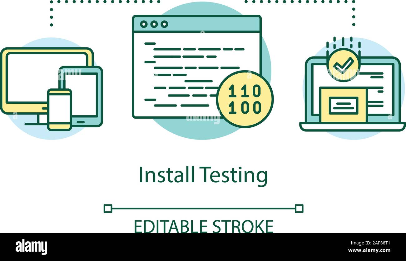 Symbol Testkonzept installieren. Untersuchen Sie die dünne Linienabbildung der Arbeitsidee des Programms. Software-Testprozess. Zeigt Probleme und Probleme an. Vektorisola Stock Vektor