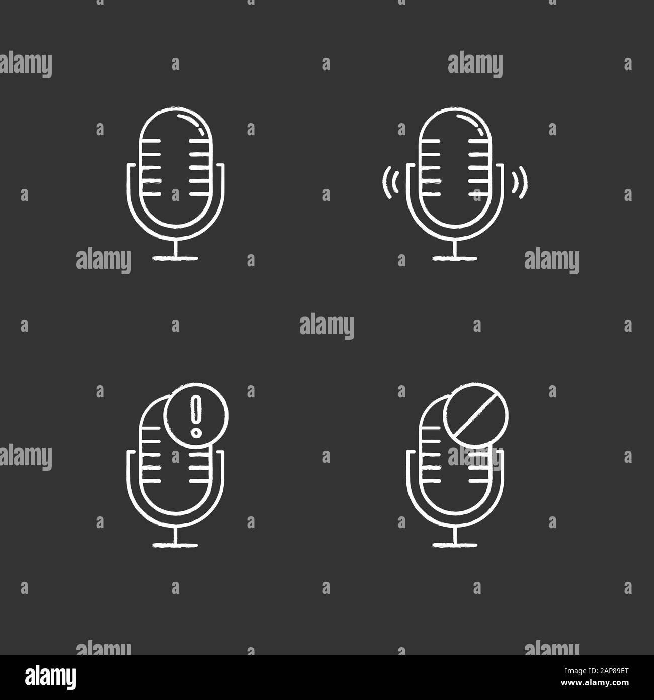 Probleme mit der Mikrofonverbindung Kreidesymbole eingestellt. Eine Idee für Fehler bei der Tonaufnahme. Sprachaufzeichngeräte. Podcast-Technologie. Tragbare Mikrofone. Fehlerbenachrichtigung Stock Vektor