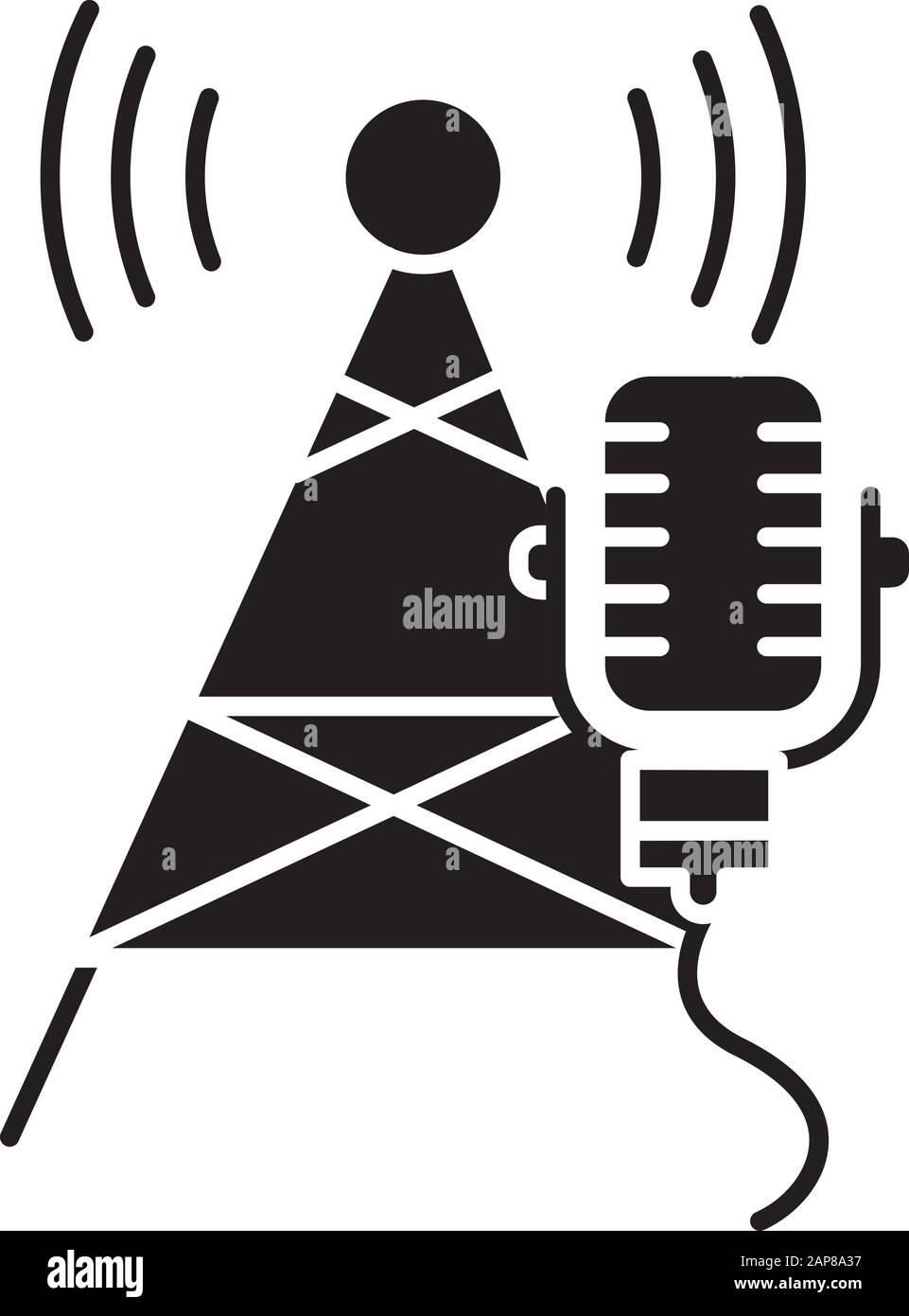 Symbol für die Übertragung von Branchentyphe. Telekommunikation und Netzwerk. Soundwellensignal. Telecom Tower und Mikrofon. Streaming-Geräte. Silhouetten-Symb Stock Vektor