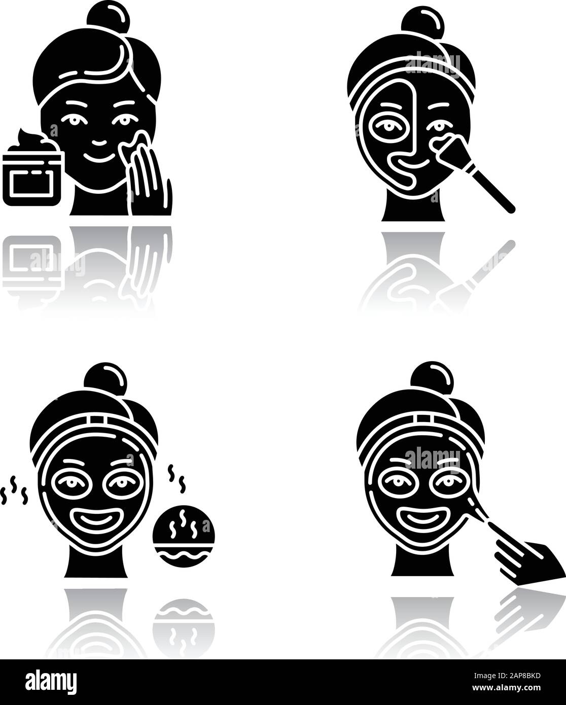 Hautpflegeverfahren setzen schwarze Glyph-Symbole in den Schatten. Auftragen von Peeling-Creme. Öffnen Sie Poren mit einer Thermomaske. Flüssigkeitsmaske für Gesichtsbehandlung Stock Vektor