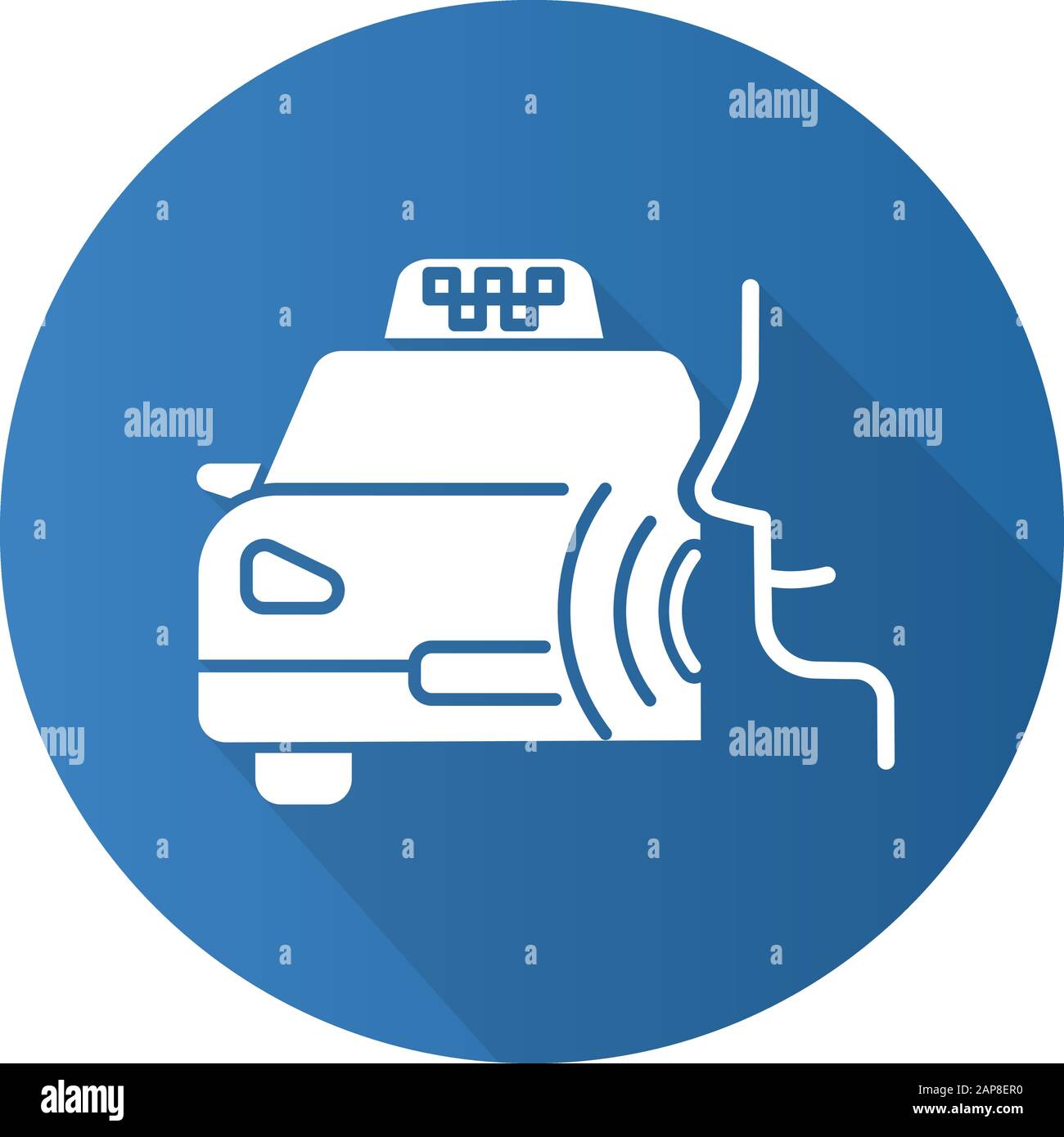 Blue Taxi Call Flat Design Long Shadow Glyph Symbol. Sprachbefehlsidee für die Transportsuche. Tonsteuerung, Audio-Reihenfolge, Konversation. Intelligenter virtueller Assistent Stock Vektor