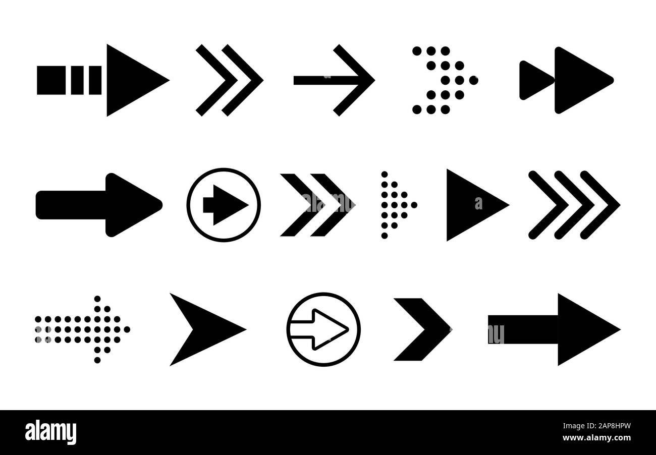 Pfeile legen Symbole fest. Schwarzer Pfeil auf weißem Hintergrund. Einfacher Zeiger nach rechts. Bewegungssymbol für App, Website oder Präsentation. Klicken Sie auf Next Concept Stock Vektor