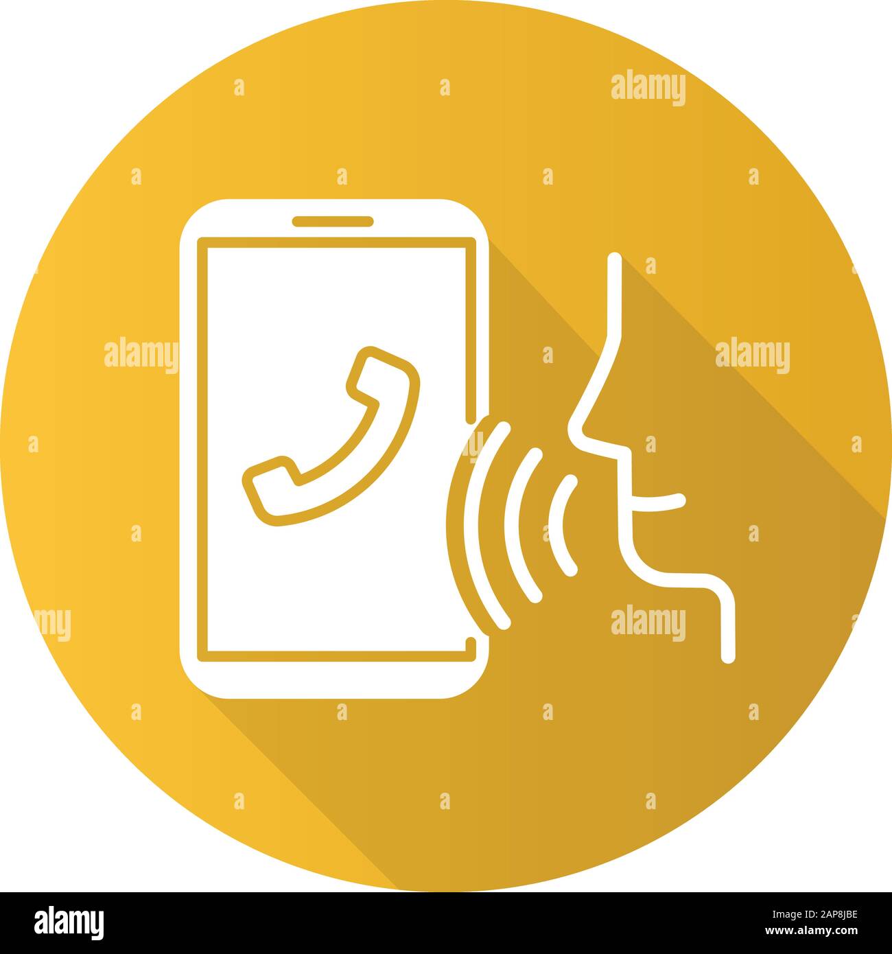 Gelbe Sprachwahl flaches Design langer Schatten Glyph-Symbol. Smartphone-Anruf-Idee. Sprachsteuerung, Spracherkennung. Telefongespräch. Handyfunktion Stock Vektor