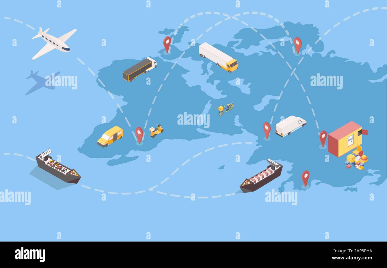 Isometrische Darstellung des weltweiten Warenversands. Weltweiter Lieferservice mit internationalen Handelsrouten und verschiedenen Transportmitteln. Logistikunternehmen transatlantische Frachtschifffahrt Stock Vektor