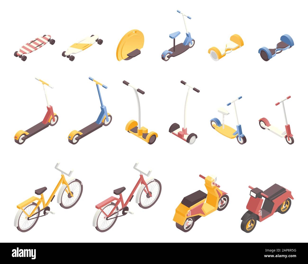 Moderne isometrische Illustrationen für den Stadtverkehr. Moderne Fahrzeuge, Designelemente für den städtischen Verkehr. Fahrräder, Roller, selbstausgleichende Bretter, Monowheel, Skateboards und Gyrocooter Stock Vektor
