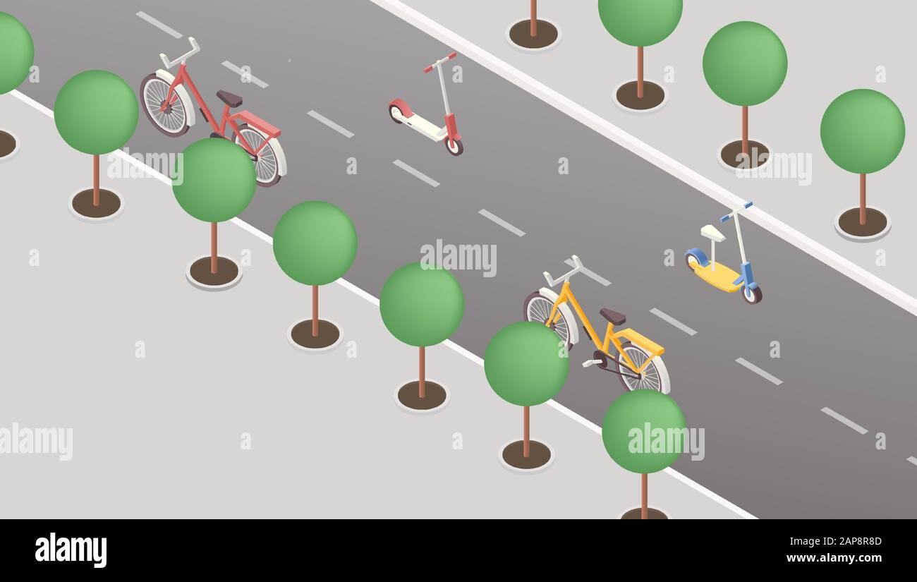 Umweltfreundliche isometrische Vektordarstellung für den Transport. Fahrräder und Roller ohne Fahrer auf leerer Straße. Umweltfreundliche Fahrzeuge, alternatives Verkehrskonzept, Stadtverkehr bedeutet Stock Vektor