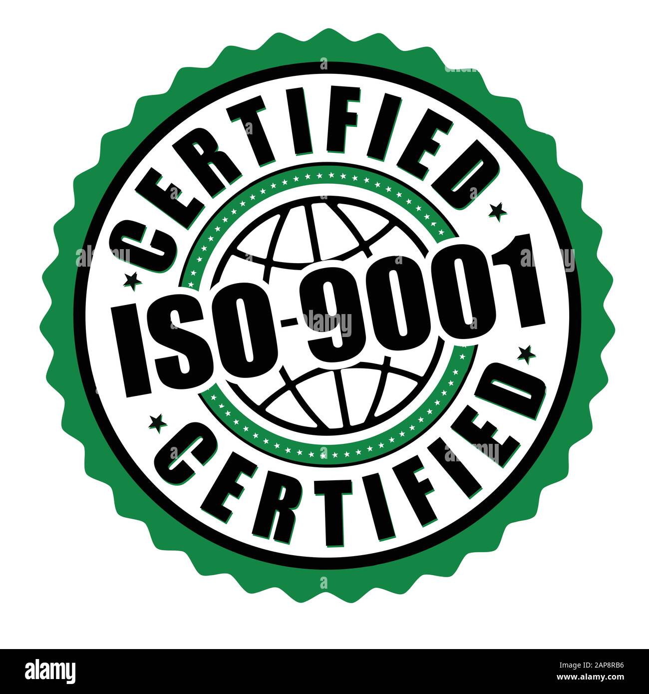 Zertifiziertes ISO 9001-Etikett oder Aufkleber auf weißem Hintergrund, Vektorgrafiken Stock Vektor