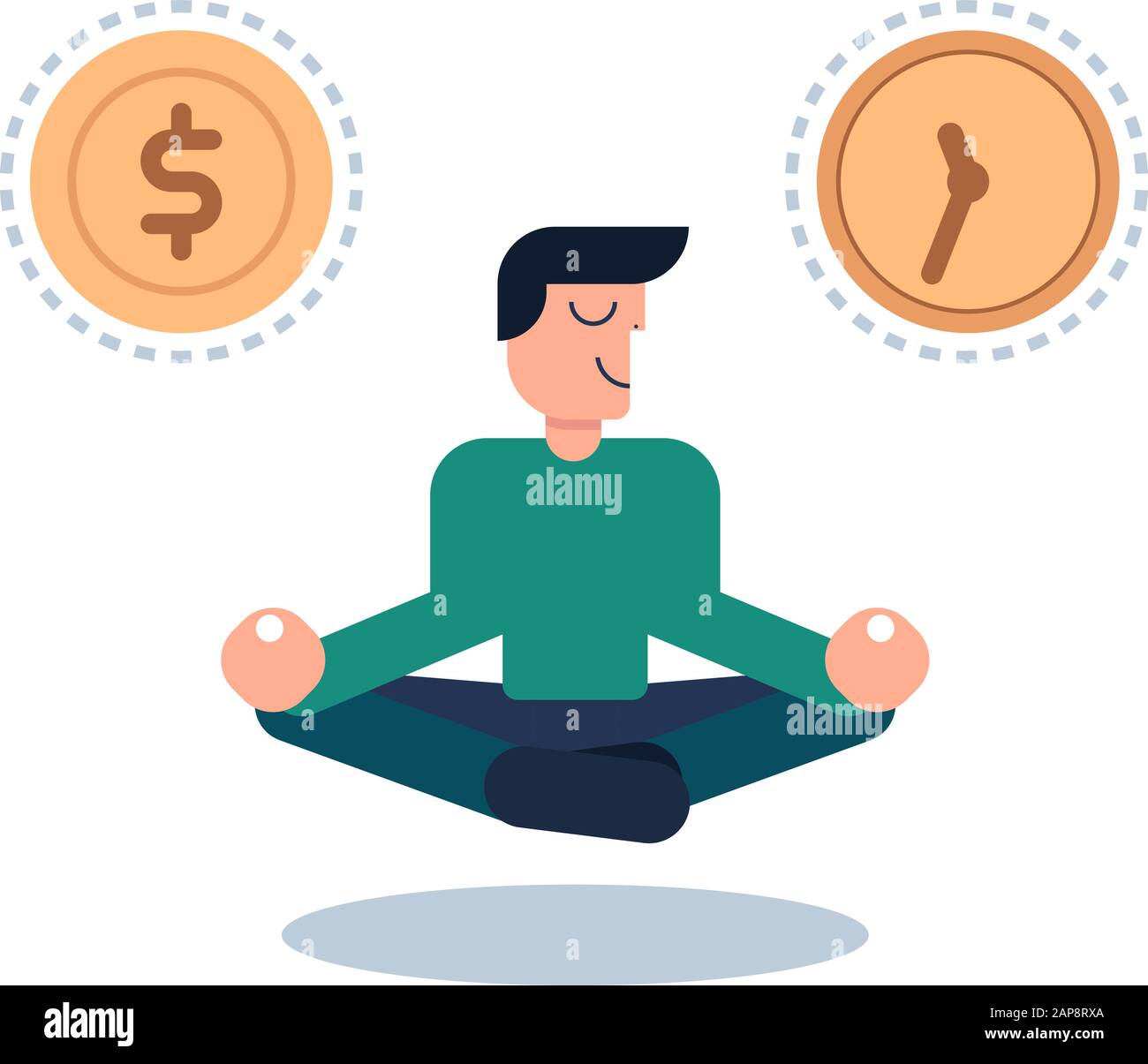 Cartoon-Mann fand sein Gleichgewicht mit Zeit und Geld. Der Mensch sitzt und besonnen meditiert in lotus in Zen-Frieden und mentaler Ruhe. Flacher Vektor Stock Vektor