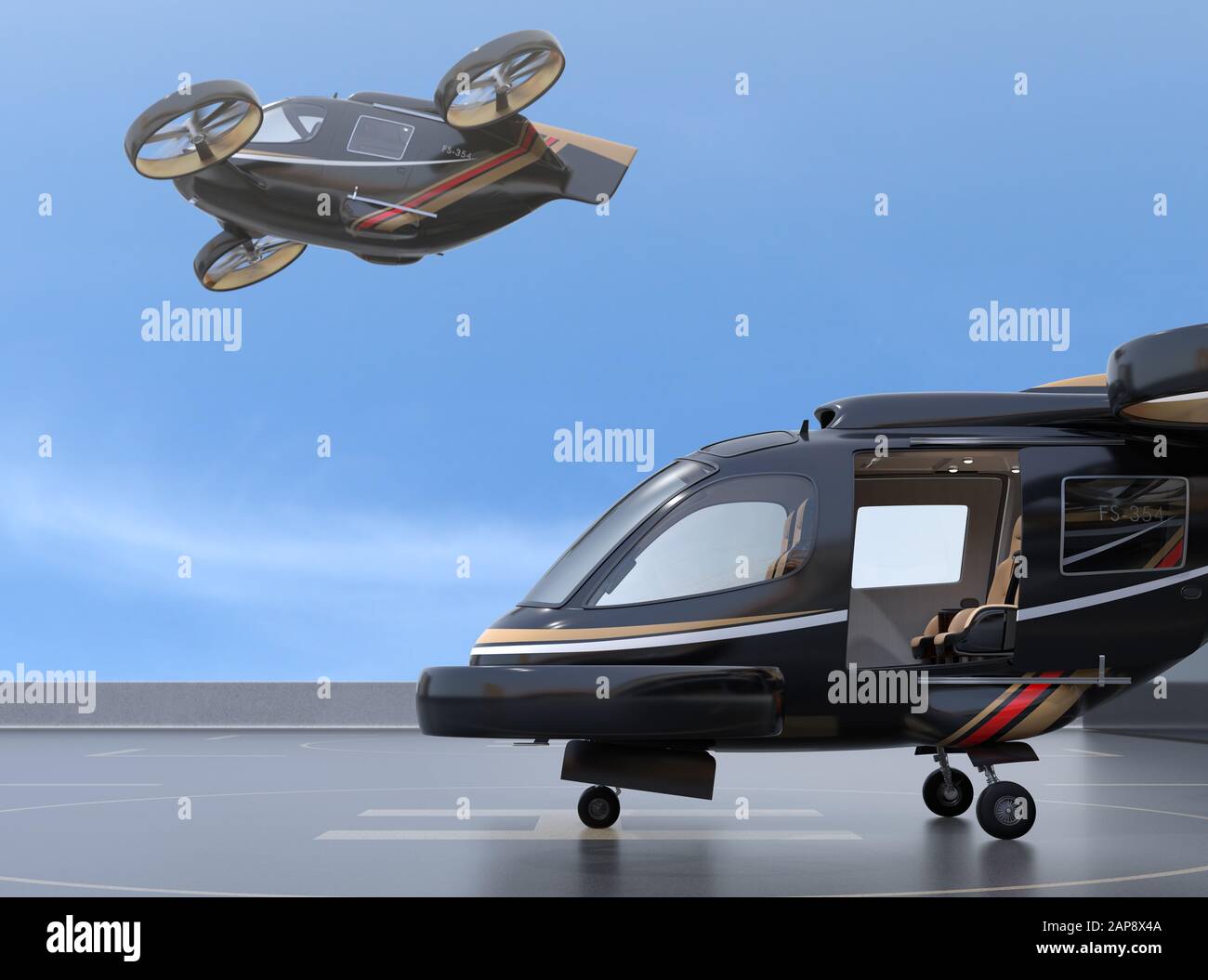 Black Flying Car (Lufttaxi) Start vom Drohnenhafen. 3D-Rendering-Bild. Stockfoto