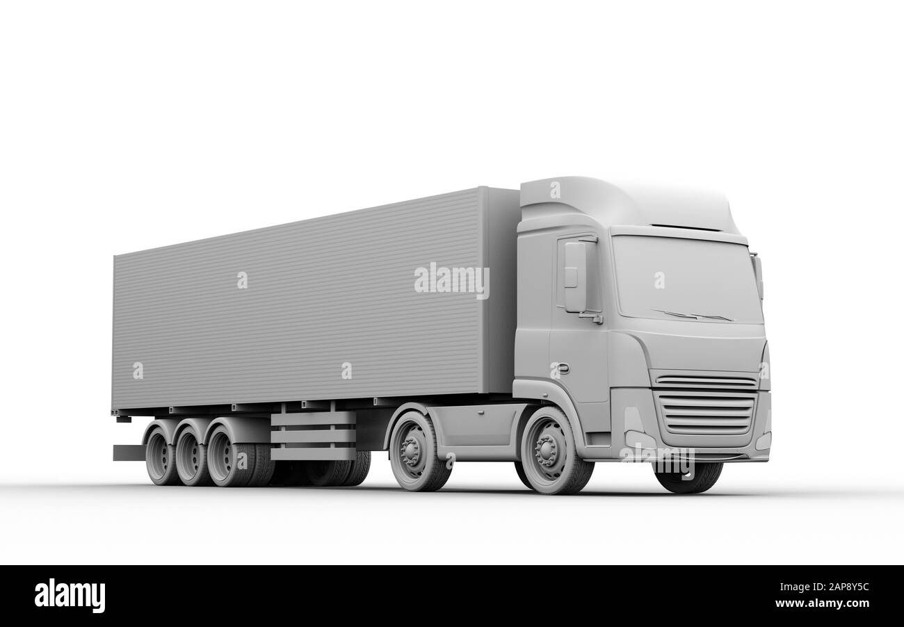 Ton-Rendering von elektrischem LKW auf grauem Hintergrund. 3D-Rendering-Bild. Stockfoto