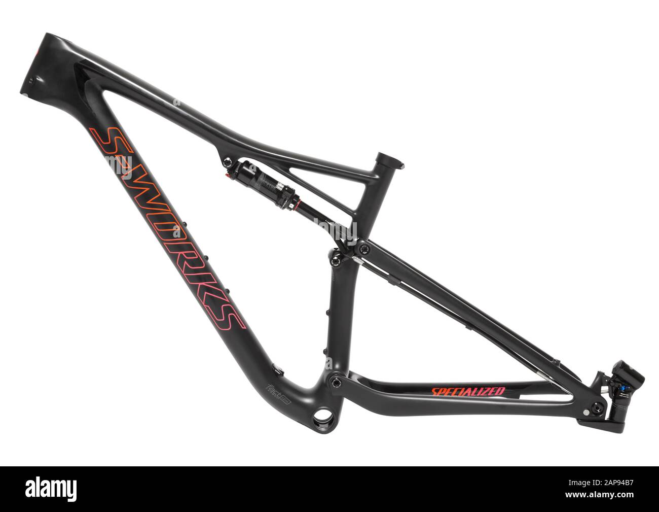 Spezieller S-Works Epic 2018-Rahmen auf weißem Hintergrund Stockfoto