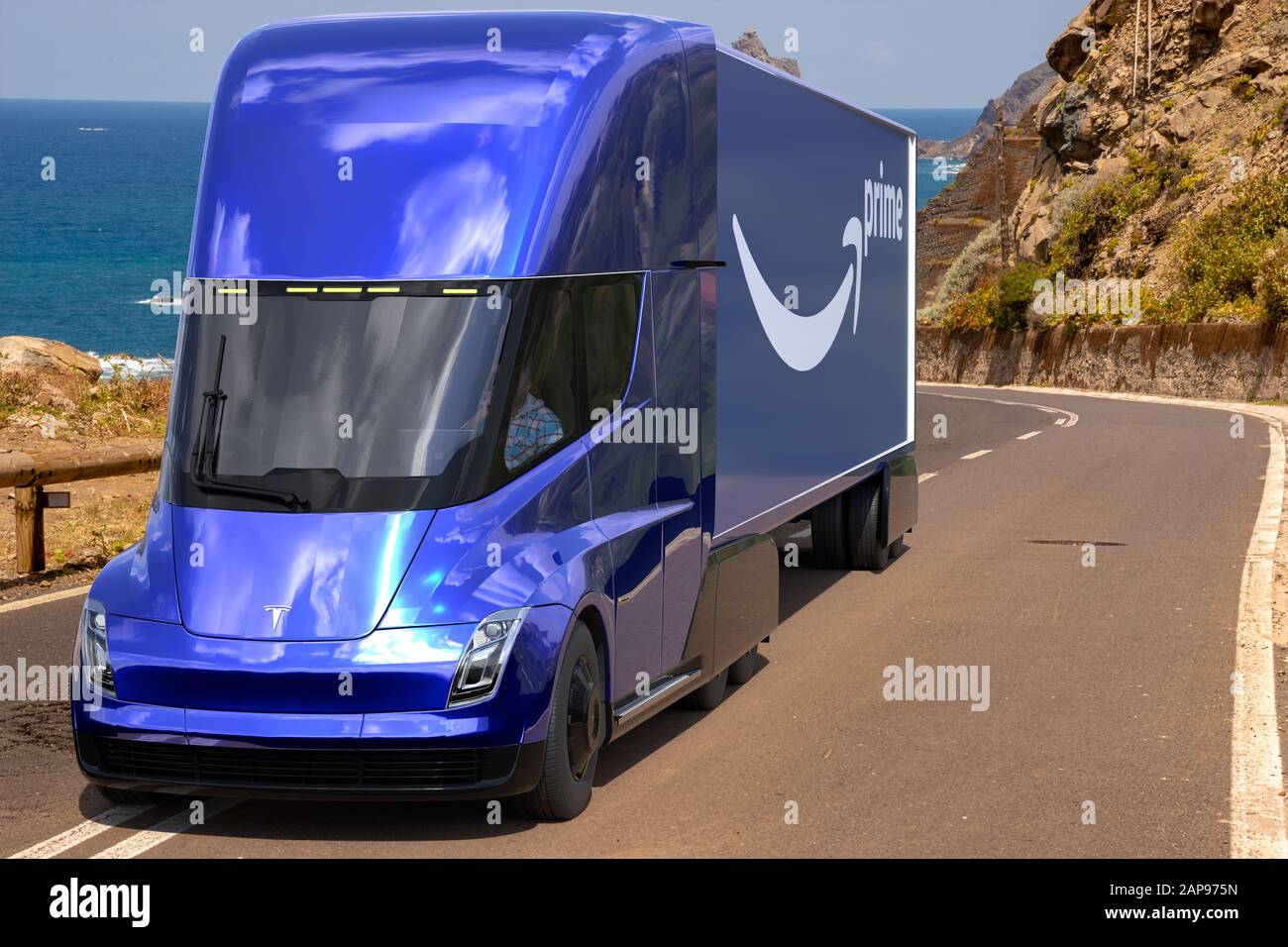 Tesla-Sattelschlepper mit einem Sattelauflieger mit dem Amazon Prime Logo Stockfoto