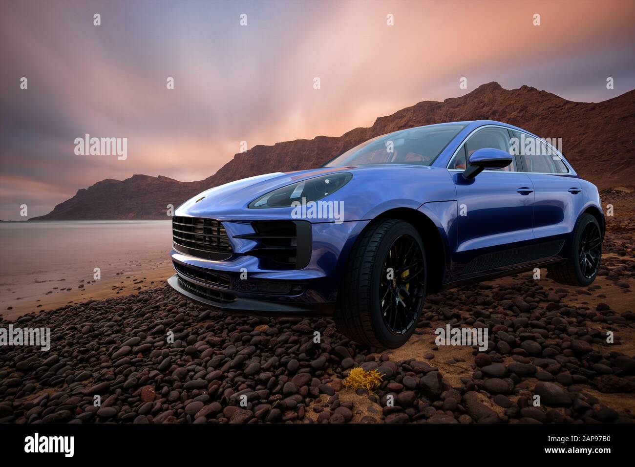 Porsche Macan am Meeresstrand Stockfoto