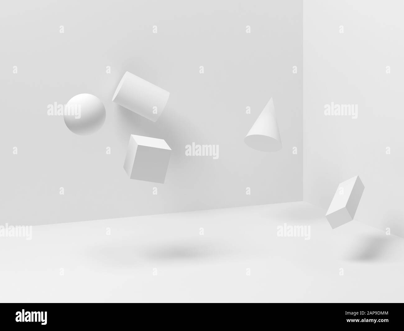 Abstrakte weiße Stilllebeninstallation mit levitierenden primitiven geometrischen Formen. Darstellung ohne Schwerkraft, 3D-Rendering Stockfoto
