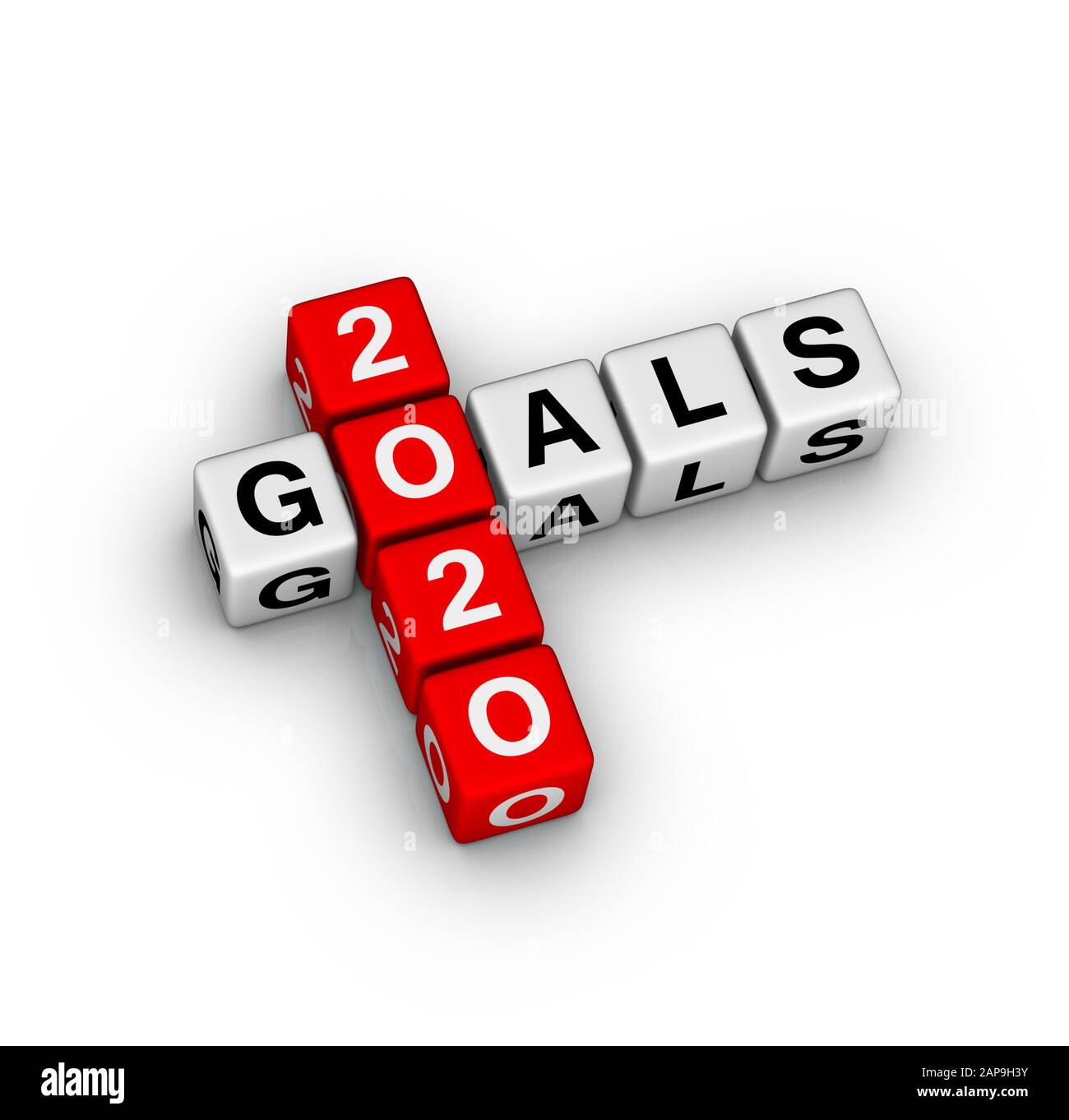 Jahresziele 2020 Unterzeichnen. 3D-Würfel Kreuzworträtsel auf weißem Hintergrund. Stockfoto
