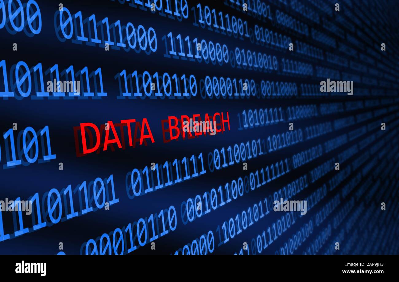 Datenschutzverletzung. Abbildung: Sicherheitsverletzung bei Computerdaten. Verletzung digitaler Binärdaten durch Computer. Stockfoto