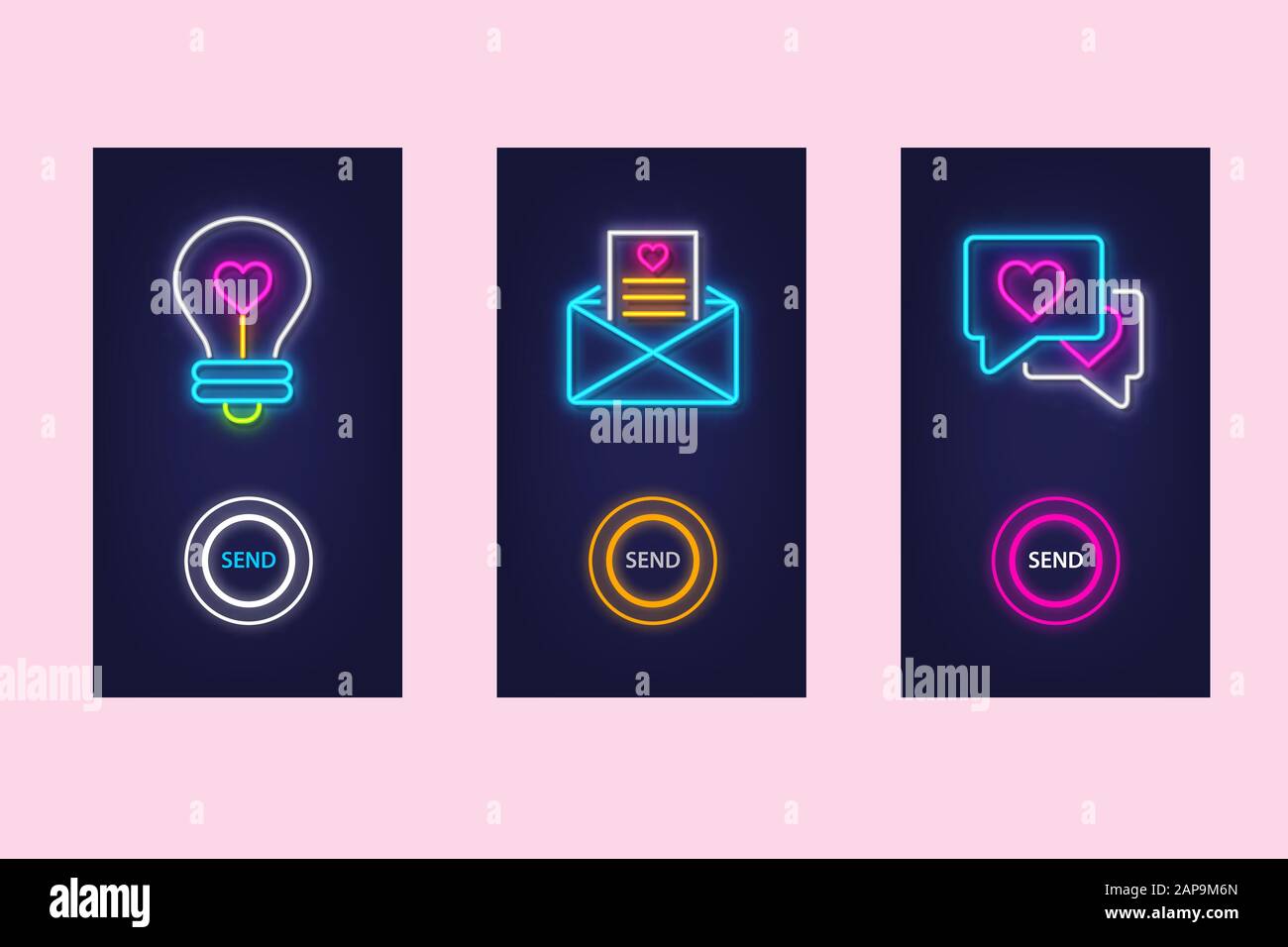 Die mobile App ist mit Glimmsymbolen aus Neon sehr gut eingerichtet. Virtuelle Liebe. UI-Design. Vektor. Stock Vektor