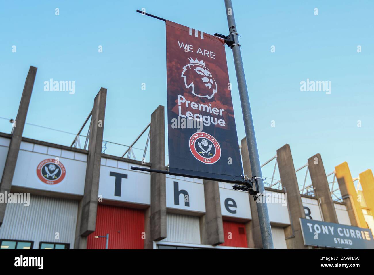 Januar 2020, Bramall Lane, Sheffield, England; Premier League, Sheffield United gegen Manchester City: Sheffield United's Premier League Banner außerhalb des Tony Curry Stands Stockfoto