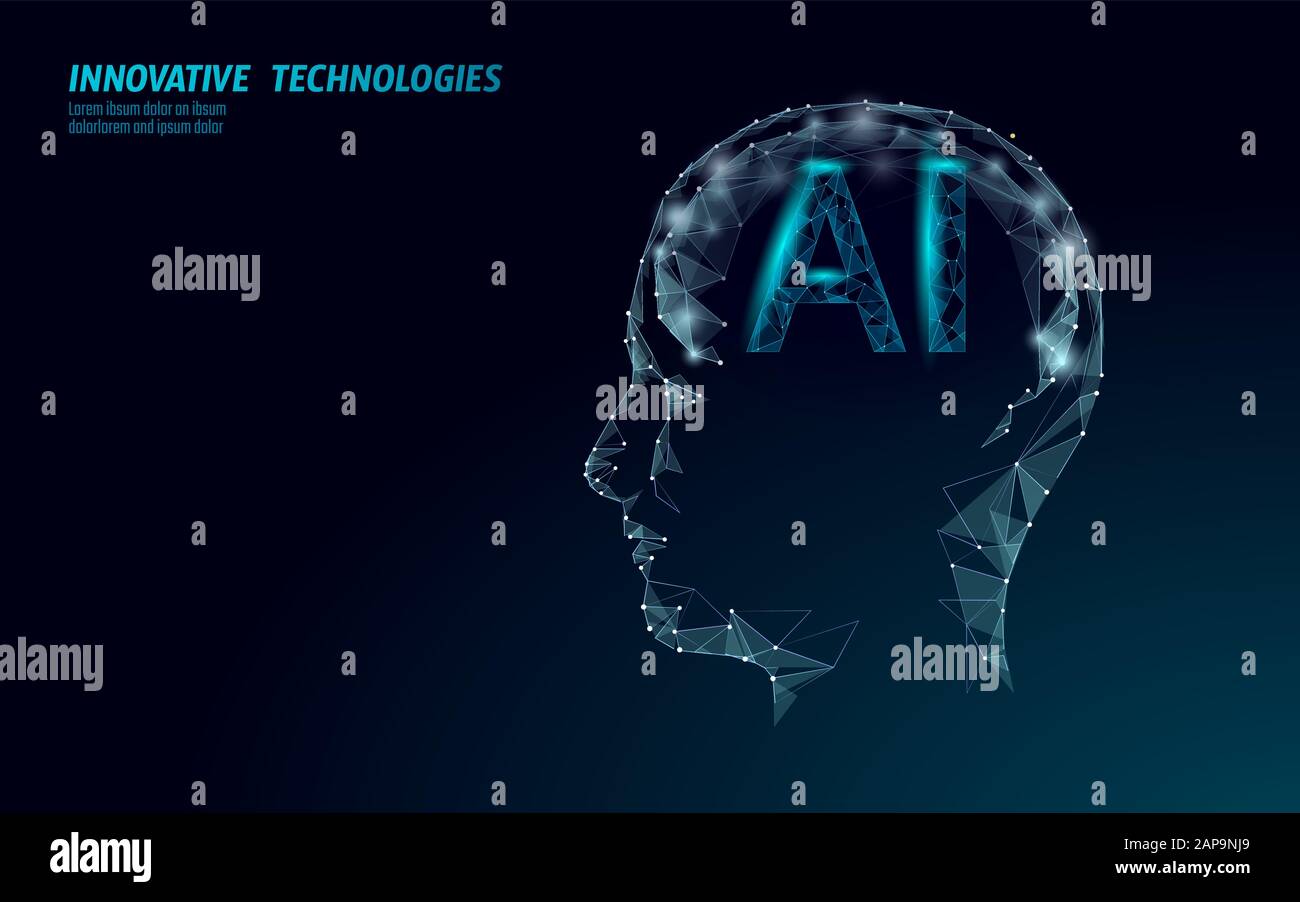 KI Artificial Intelligence Roboter unterstützen 3D. Technologie für Spracherkennungsdienste für virtuelle Assistenten. Plauschiger Vektor des menschlichen Gehirns mit einem niedrigen Poly-Profil Stock Vektor