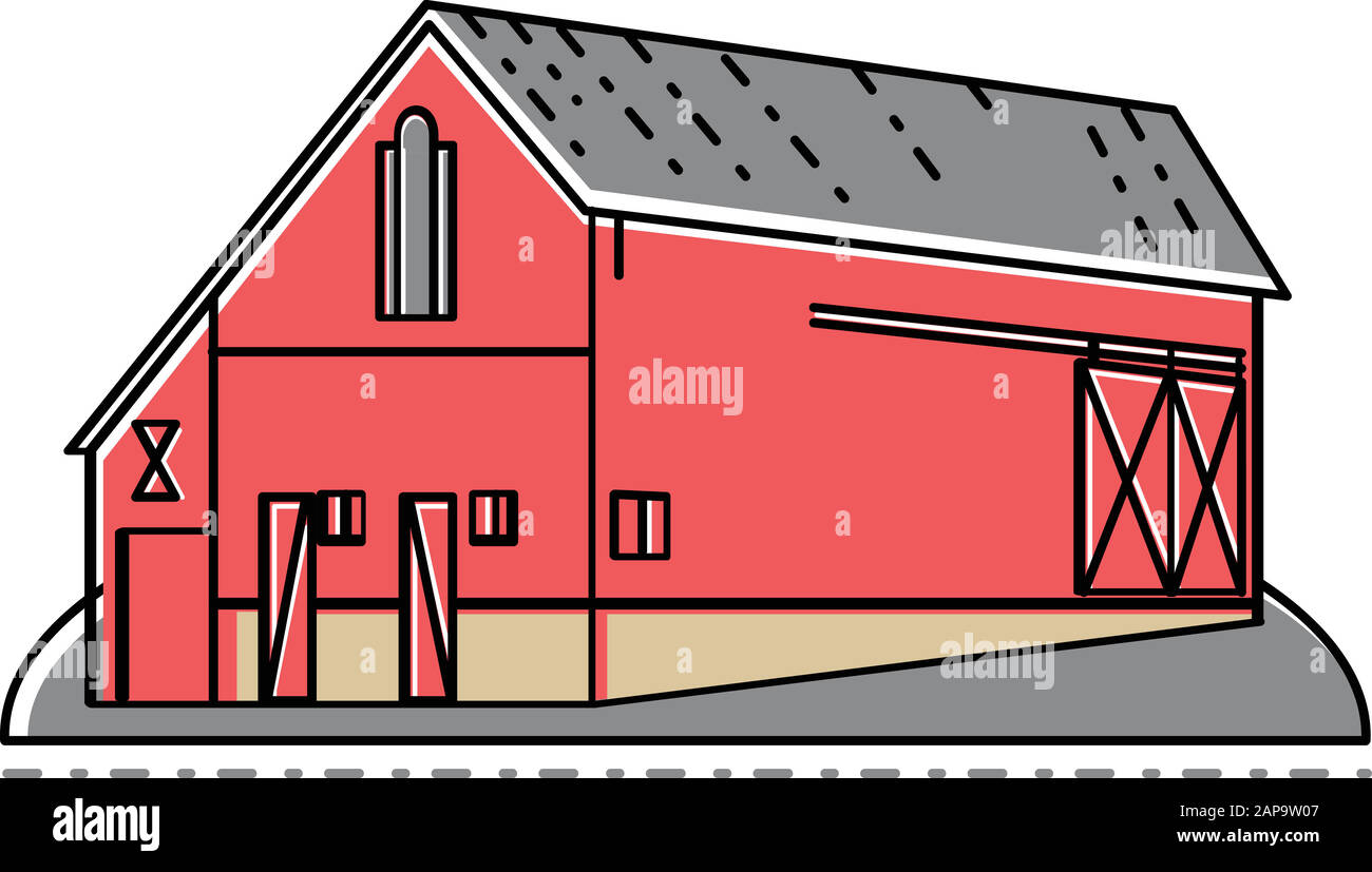 Mono-Line-Illustration eines roten Bauernhauses, Bauernhauses oder Scheunengebäudes von der Seite aus im monolinischen Stil. Stock Vektor