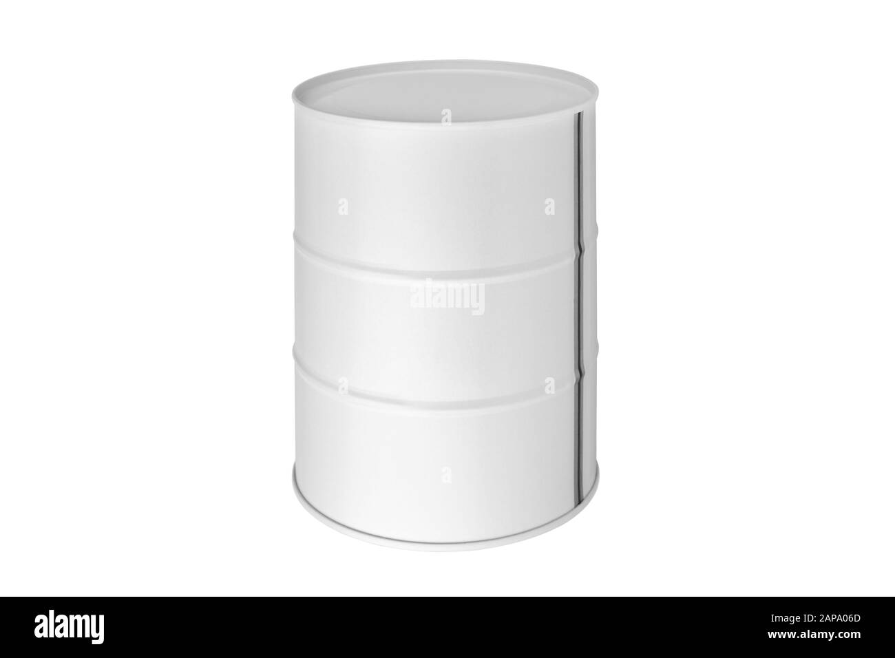 Weißer Metallfass auf weißem Hintergrund isoliert Nahaufnahme, Ölfass, Stahlfass, Zinnbehälter, leere geschlossene Lebensmittel- oder Farbdose, Aluminiumgehäuse, Petroleum Stockfoto