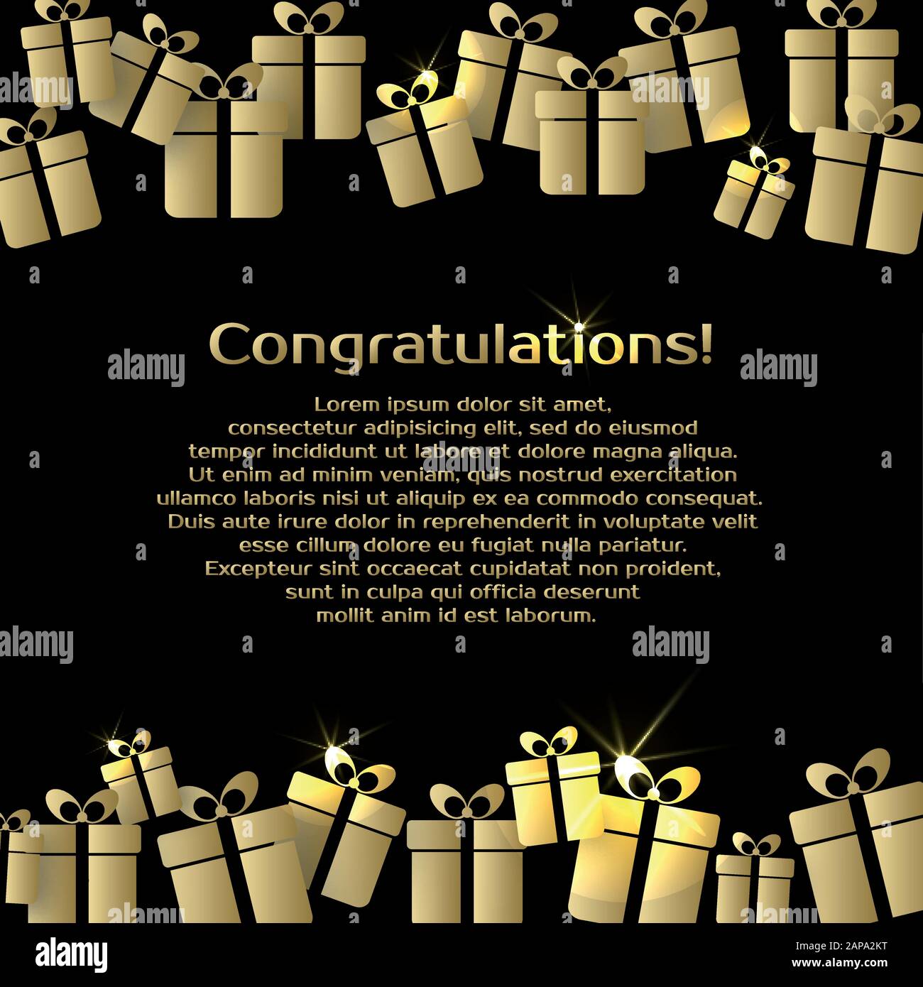 Hintergrund mit goldenen Geschenkschachteln und Text für Glückwünsche Stock Vektor