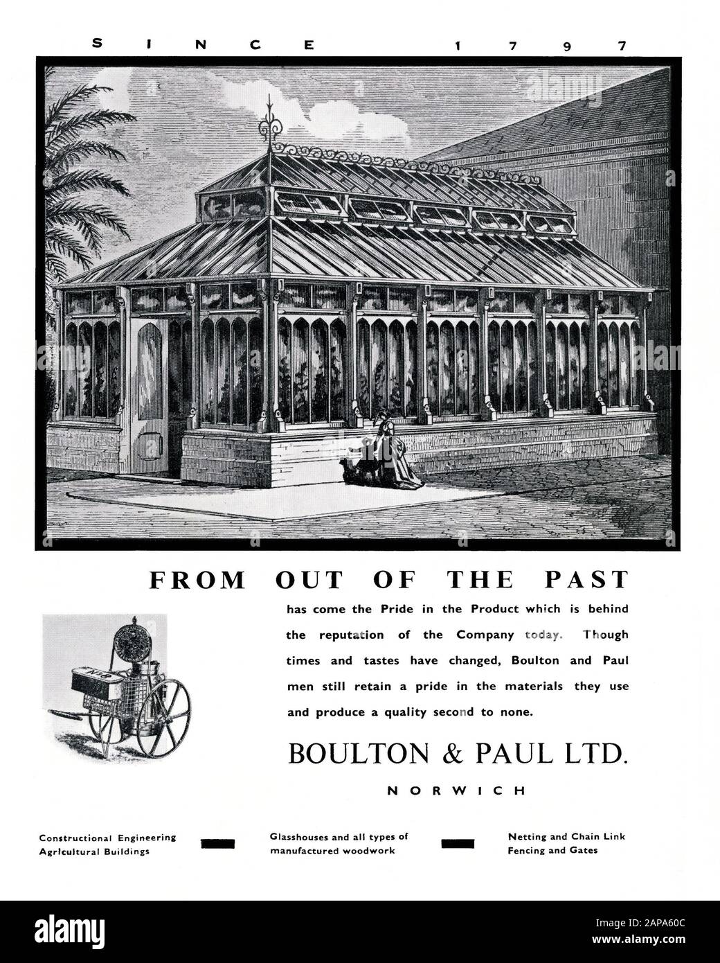 Eine Werbung von 1951 für Boulton & Paul Ltd, ein Bau- und Ingenieurunternehmen mit Sitz in Norwich, Norfolk, England, Großbritannien. Dies erschien in einer Zeitschrift, die das Festival of Britain Celebrations in Norwich in jenem Jahr kennzeichnete. Die Abbildung zeigt ein großes viktorianisches Gewächshaus (Glashaus). Anfang der 1900er Jahre war Boulton & Paul zu einem erfolgreichen Produktionsunternehmen geworden. Während des Zweiten Weltkriegs war es ein bedeutender Hersteller von Plattenbauten, Drahtgeflecht und Hersteller von Flugzeugteilen. Boulton & Paul produzierten den größten Teil des Stahlrahmens für das Luftschiff R101, das 1929 erstmals flog. Stockfoto