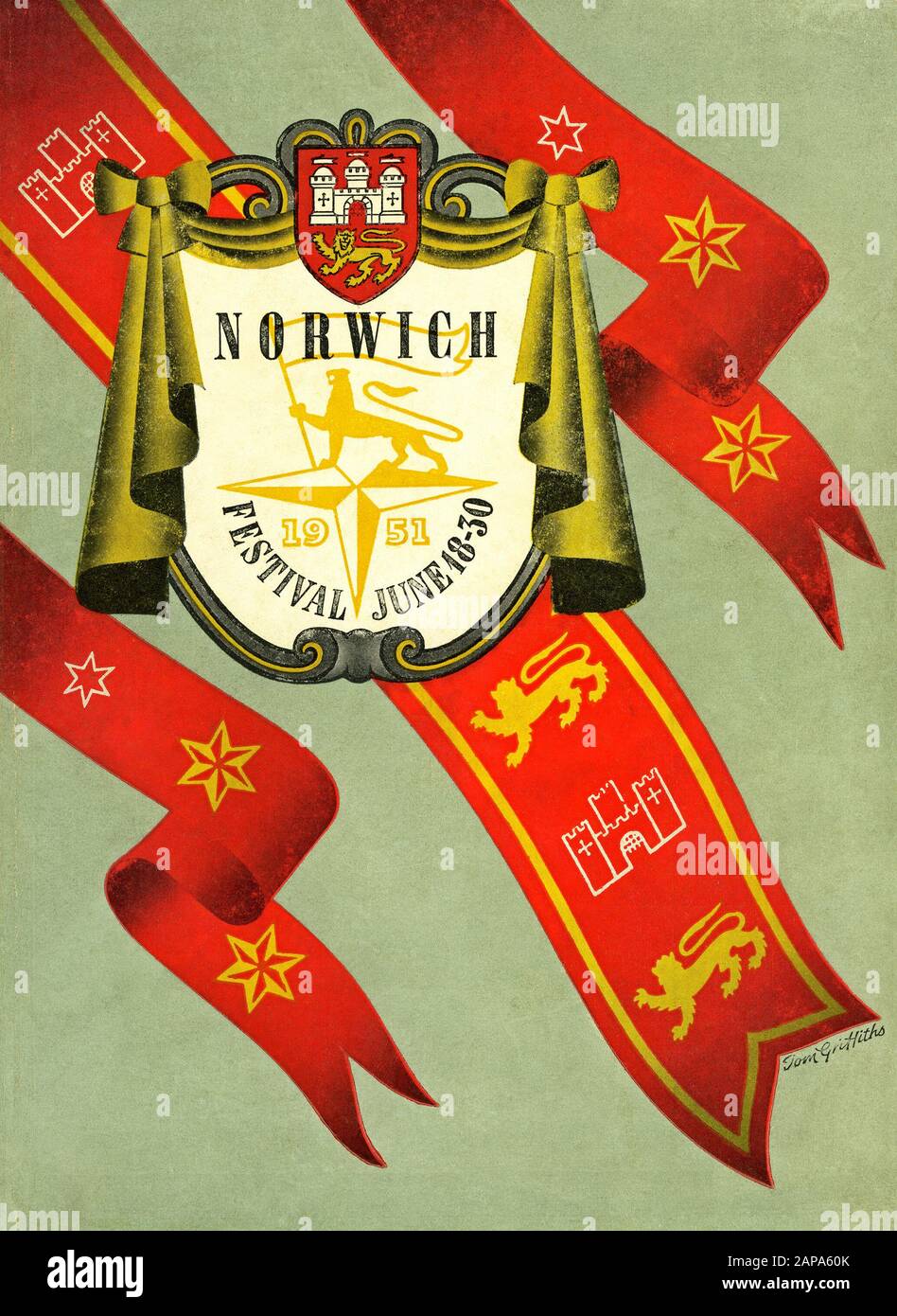 Das vordere Cover einer Zeitschrift/Broschüre zur Förderung des Norwich Festivals 1951, Teil der Feierlichkeiten zum Festival of Britain in Norwich, Norfolk, England, Großbritannien. Das Design hat rote Bänder, goldene Sterne und Norwichs Wappen. Die Stadtarme verfügen über einen roten Schild mit einer weiß gewölbten Burg über einem goldenen Königslöwen. Der Löwe erscheint wieder, angepasst an das Abram Games Famous Festival of Britain's Logo Design anstelle der üblichen Britannia Figur. Der lokale Künstler Tom Griffiths entwarf das Cover. Stockfoto