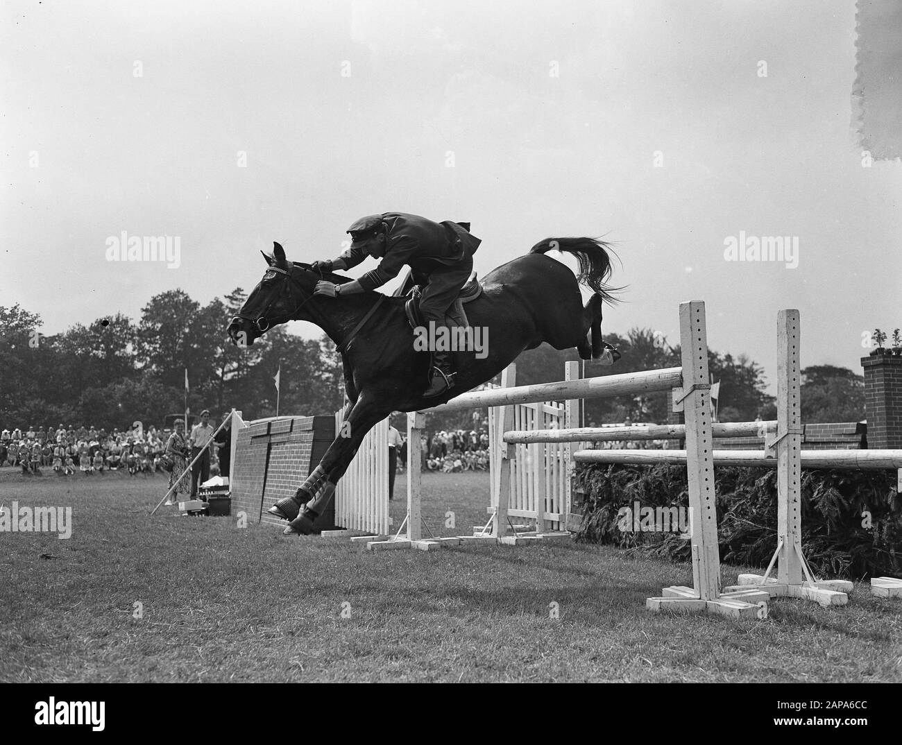 Concours Hippique Wolvega, J. J. Gruppelaar Datum: 14. Juli 1955 Ort: Friesland, Wolvega Schlüsselwörter: Concours Hippique persönlicher Name: J. J. Gruppelaar Stockfoto