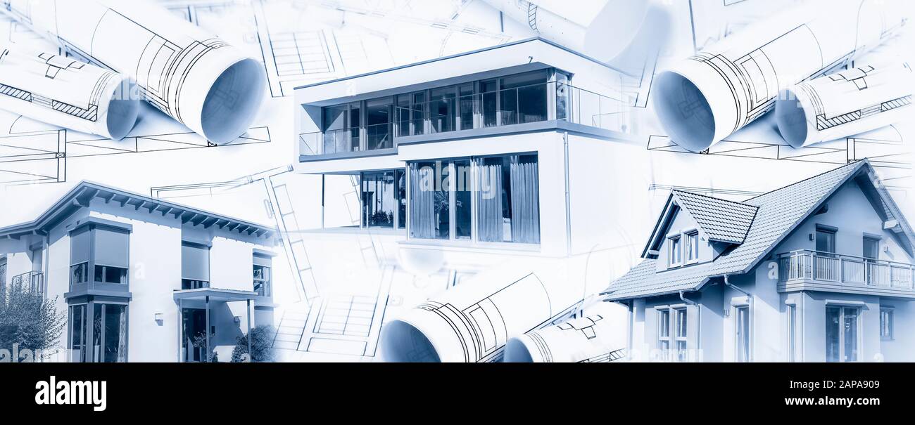 Drei moderne Häuser mit Bauplänen im Panoramaformat Stockfoto Drei moderne Häuser mit Bauplänen im Panoramaformat Stockfoto