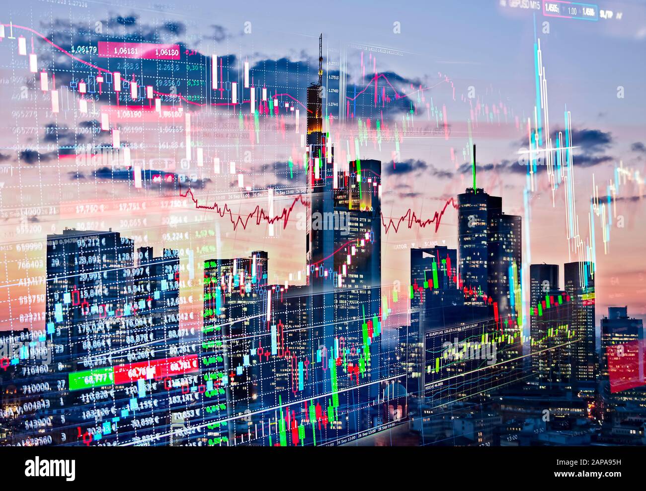 Skyline von Frankfurt am Main mit Symbolen für den Finanzsektor Stockfoto