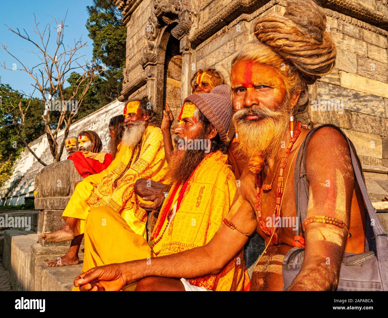 Eine Gruppe indischer Sadhus, Heiliger Männer, die vor einem Schrein am Paschupatinath-Tempel sitzen Stockfoto