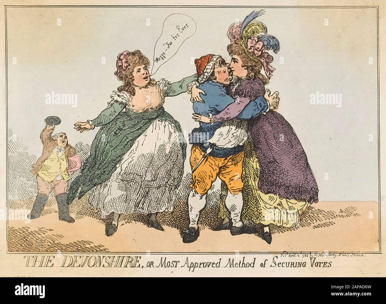 GEORGIANA CAVENDISH, Herzogin von Devonshire (1757-1806) EIN Cartoon von Thomas Rowlandson aus dem Jahr 1784, der ihre Wahlkampfmethoden laminiert. Foto: BIPS Stockfoto