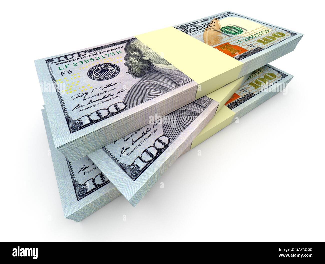 Große Stapel von Dollar auf Weiß isoliert. Business und Finanzen konzeptionell. 3D-Rendering Stockfoto