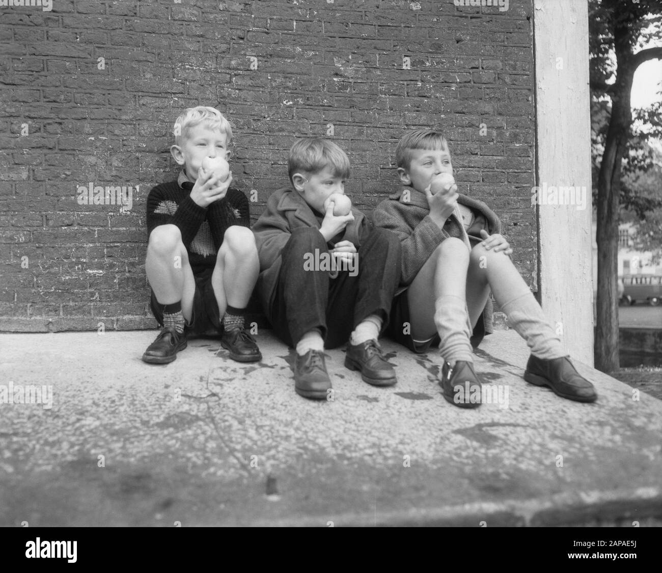 Amsterdam Jungen essen gegen die A-Grippe saure Äpfel Datum: 1. Oktober 1957 Ort: Amsterdam, Noord-Holland Schlüsselwörter: Äpfel, JUNGEN Stockfoto