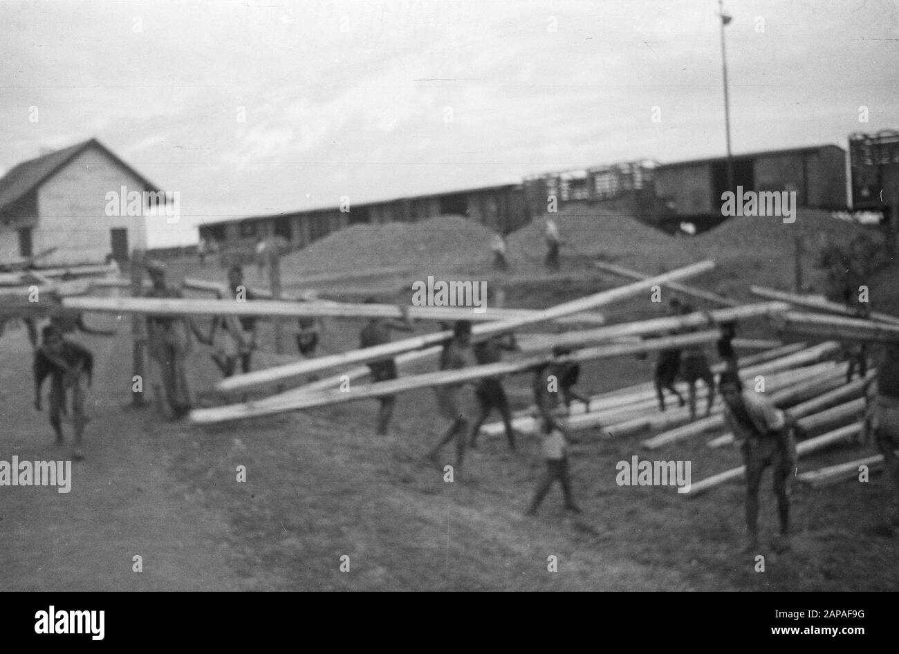 Bankir Beschreibung: Bandoeng: Bei Terisi sind Holzdiebstähle keine Ausnahmen. Da diese Diebstähle der Bevölkerung schaden, kooperiert das Militär im Kampf gegen das Böse. Datum: Oktober 1949 Standort: Indonesien, Java, Niederländisch-Ostindien, Terisi Stockfoto
