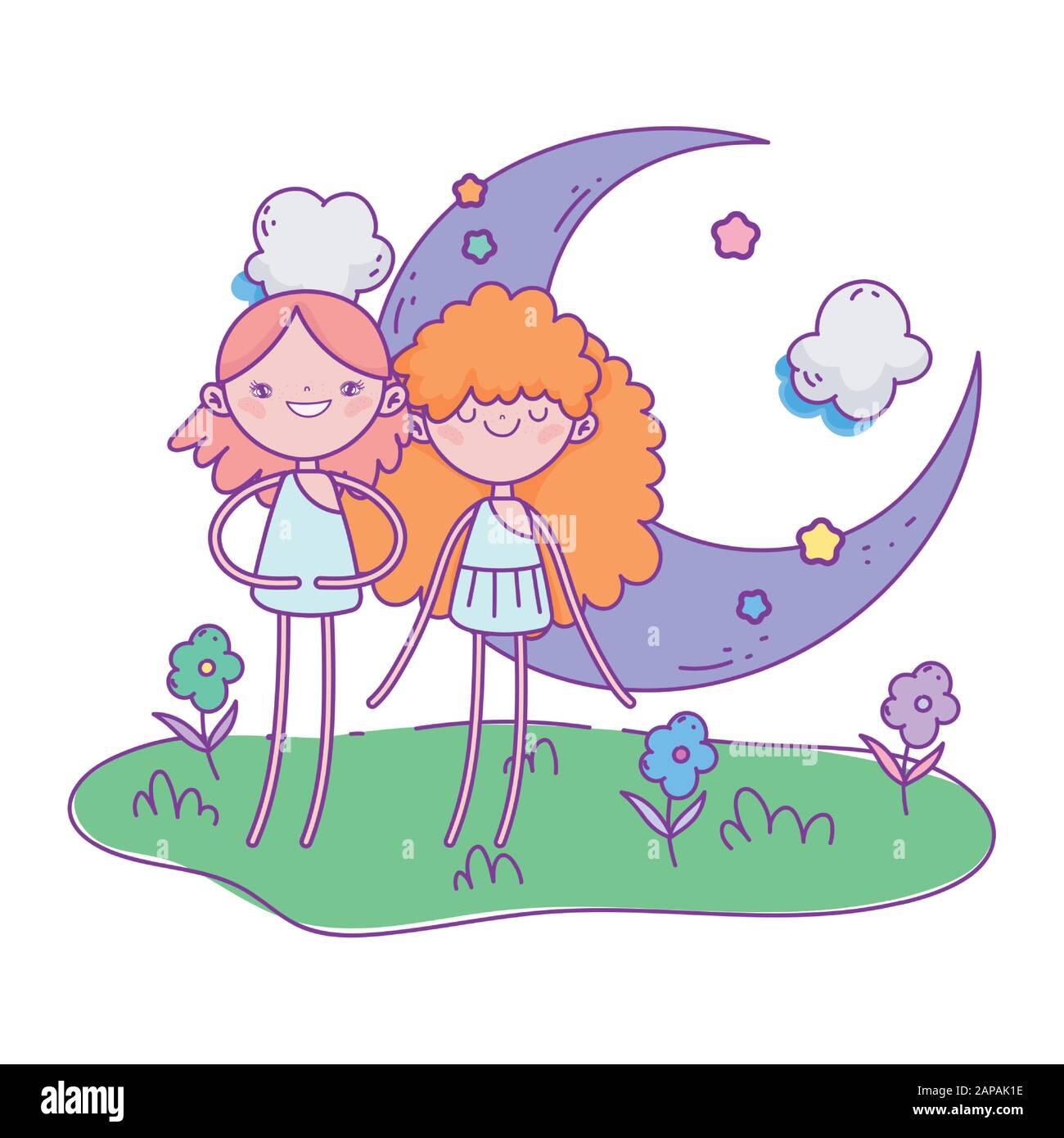 Glucklicher Valentinstag Zwei Kupige Weibliche Mondblumen Gras Vektor Illustration Stock Vektorgrafik Alamy