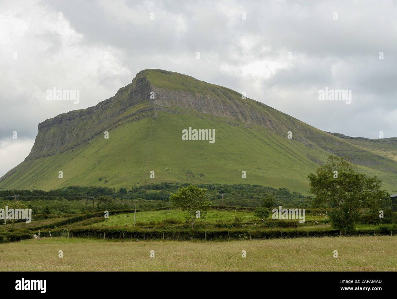Benbulbin, Benbulben oder Ben Bulben ein Berg in Irland Teil der Darty Mountains im Yeats Country, County Sligo an einem Sommertag mit grünen Feldern. Stockfoto