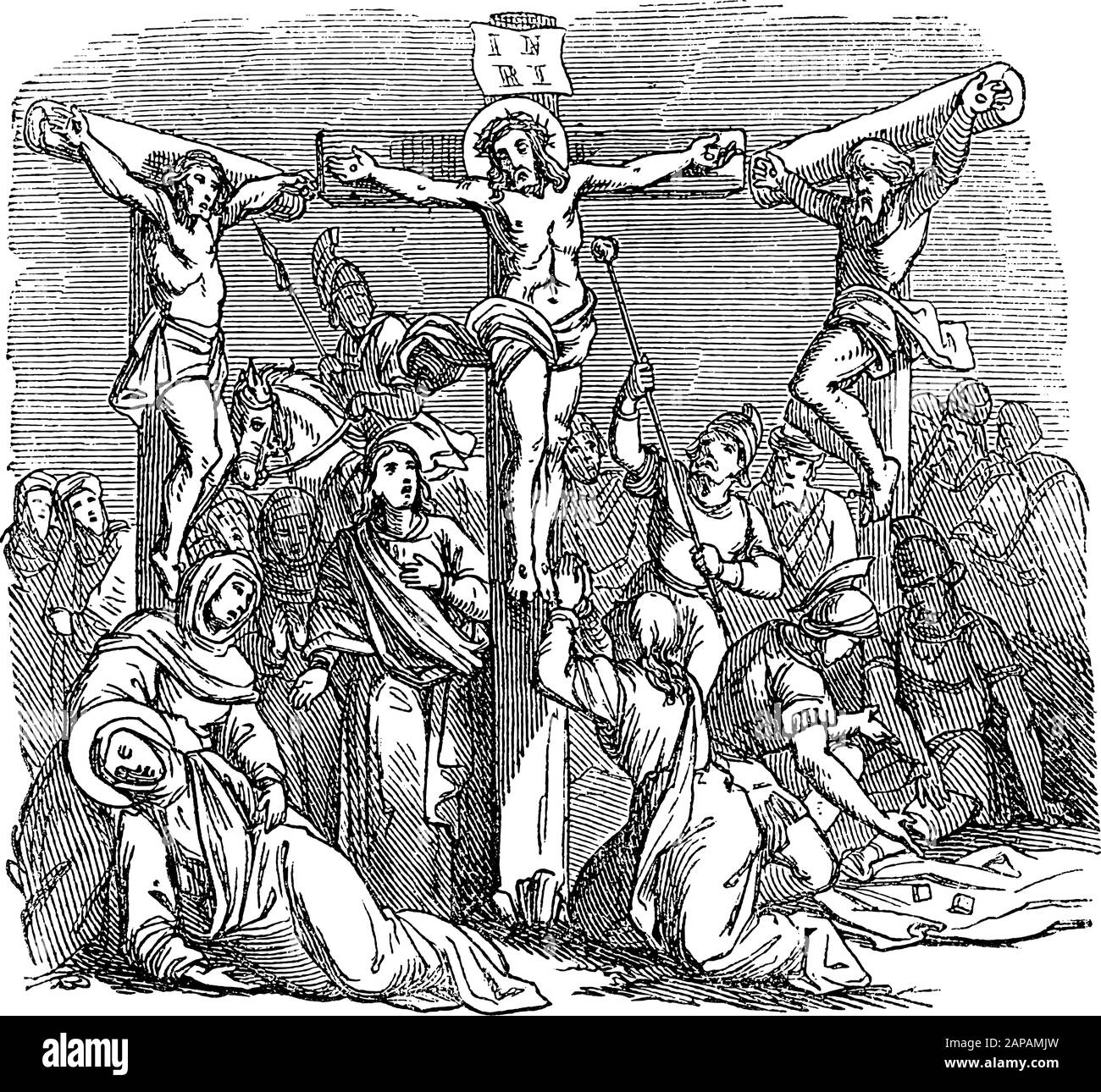 Antike biblische Vintage-Gravur oder Zeichnung des gekreuzigten Jesus, der während der Kreuzigung mit zwei Verbrechern am Kreuz hängt. Bibel, Neues Testamente, Lukas 23. Biblische Geschichte, Deutschland 1859. Stock Vektor