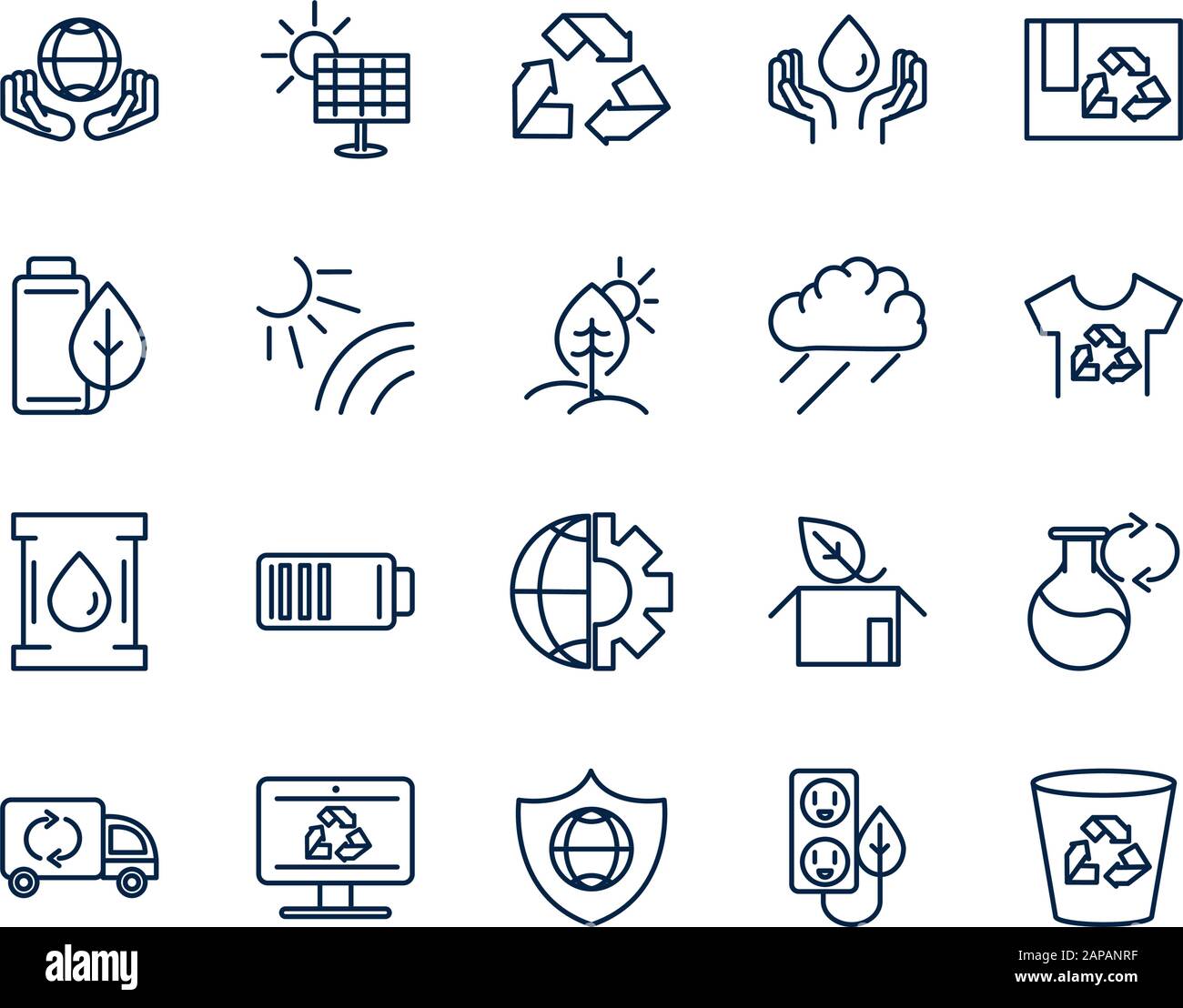 Ökologie Umwelt Erneuerbare nachhaltige Symbole setzen lineare Vektorgrafiken Stock Vektor